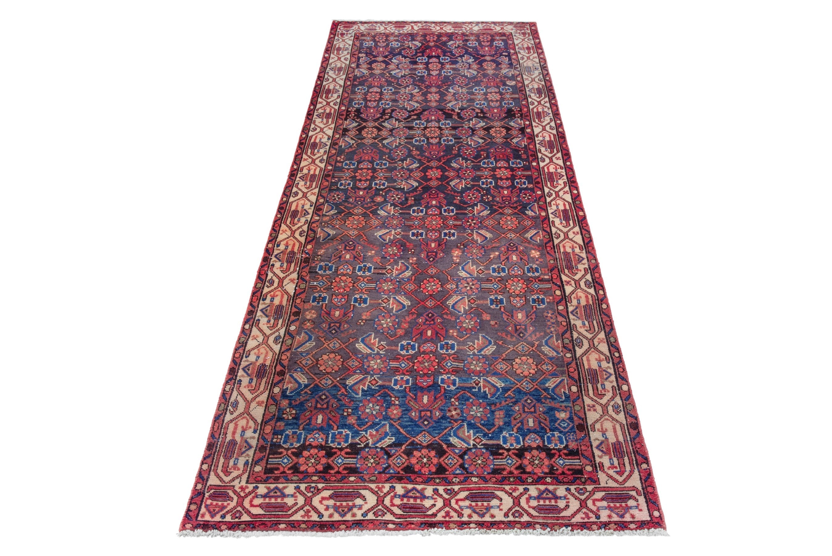 Persian Hamedan runner rug in deep red and navy, view 3 of 17