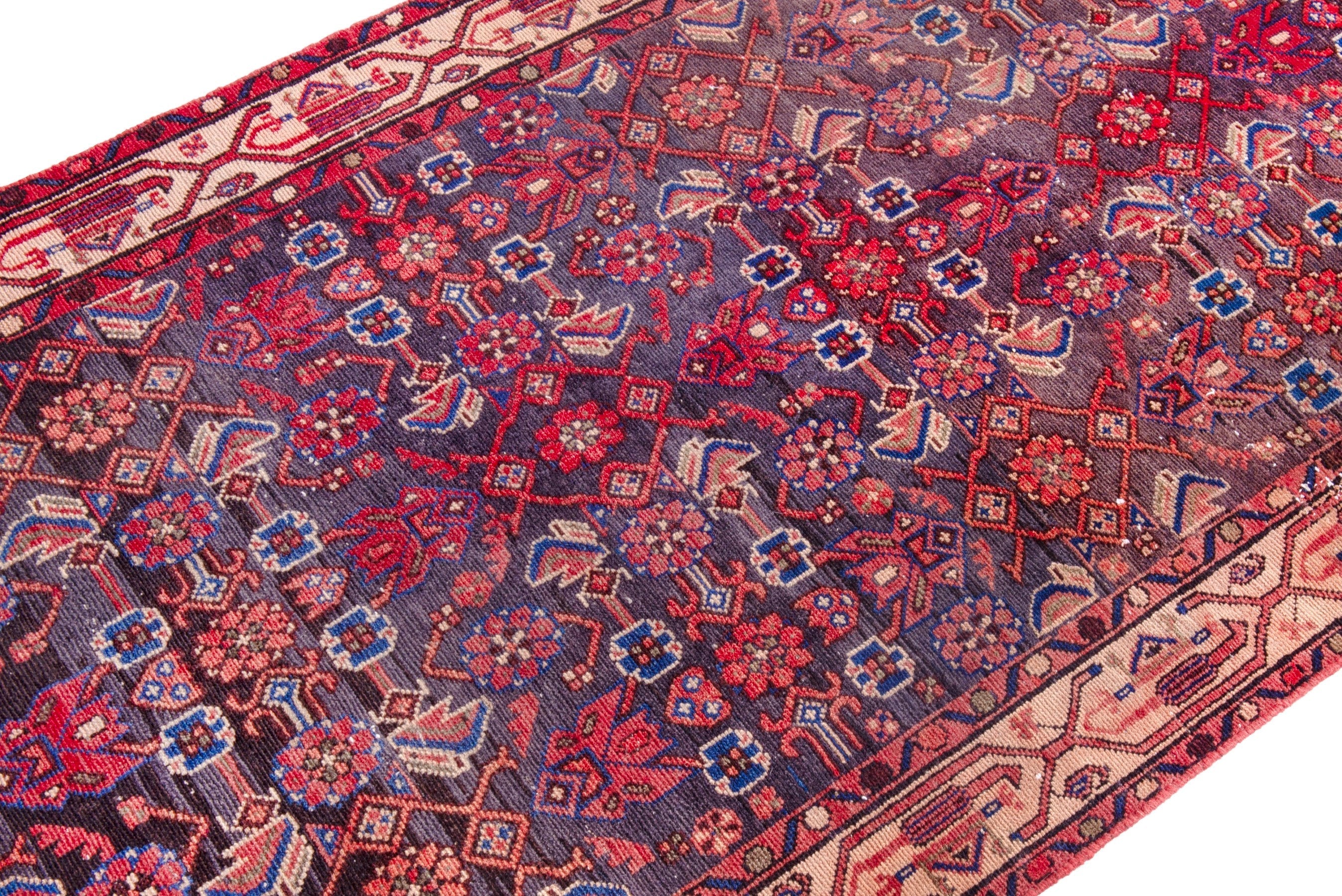 Persian Hamedan runner rug in deep red and navy, view 6 of 17