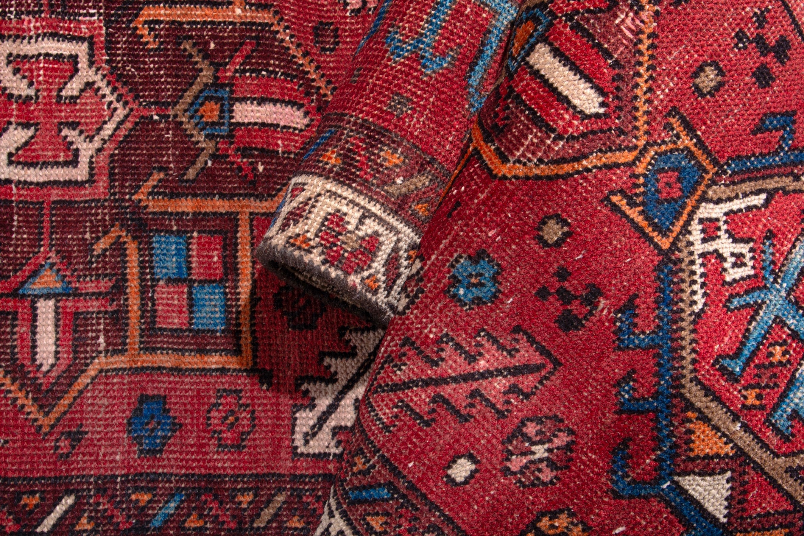 Persian Gharajeh runner rug in deep red and greige, view 12 of 15