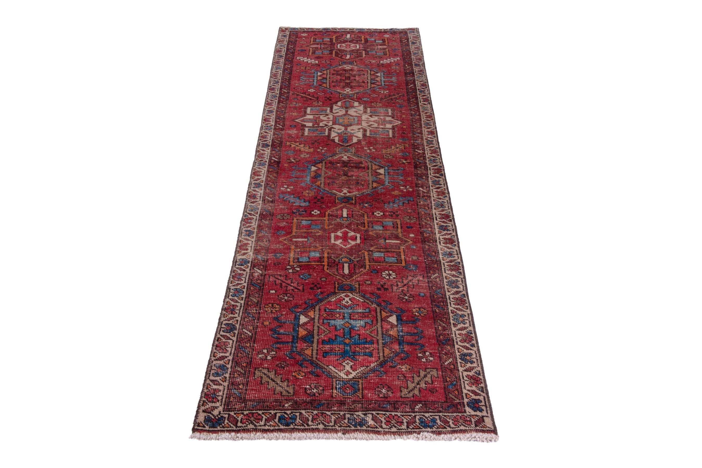 Persian Gharajeh runner rug in deep red and greige, view 2 of 15