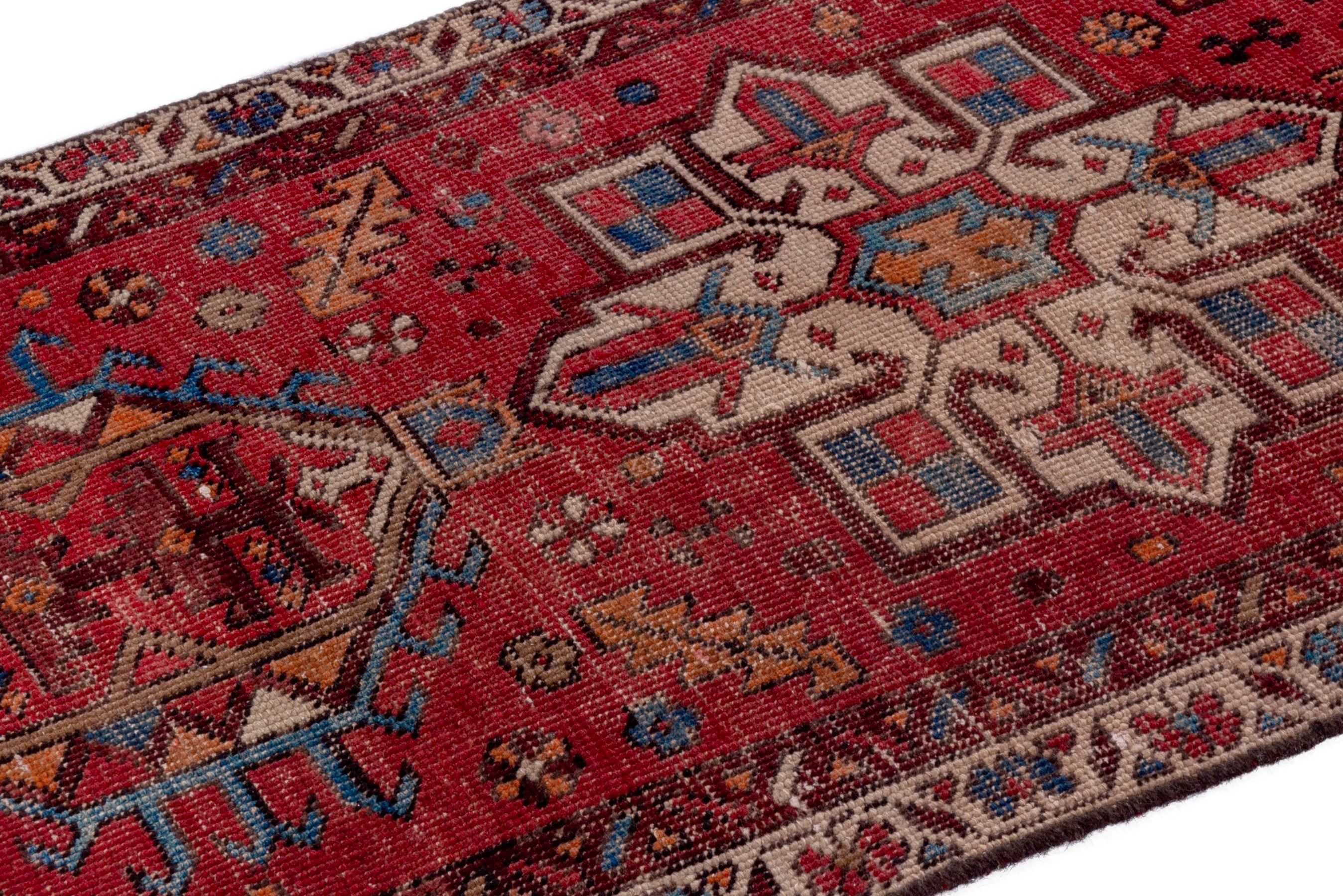 Persian Gharajeh runner rug in deep red and greige, view 6 of 15