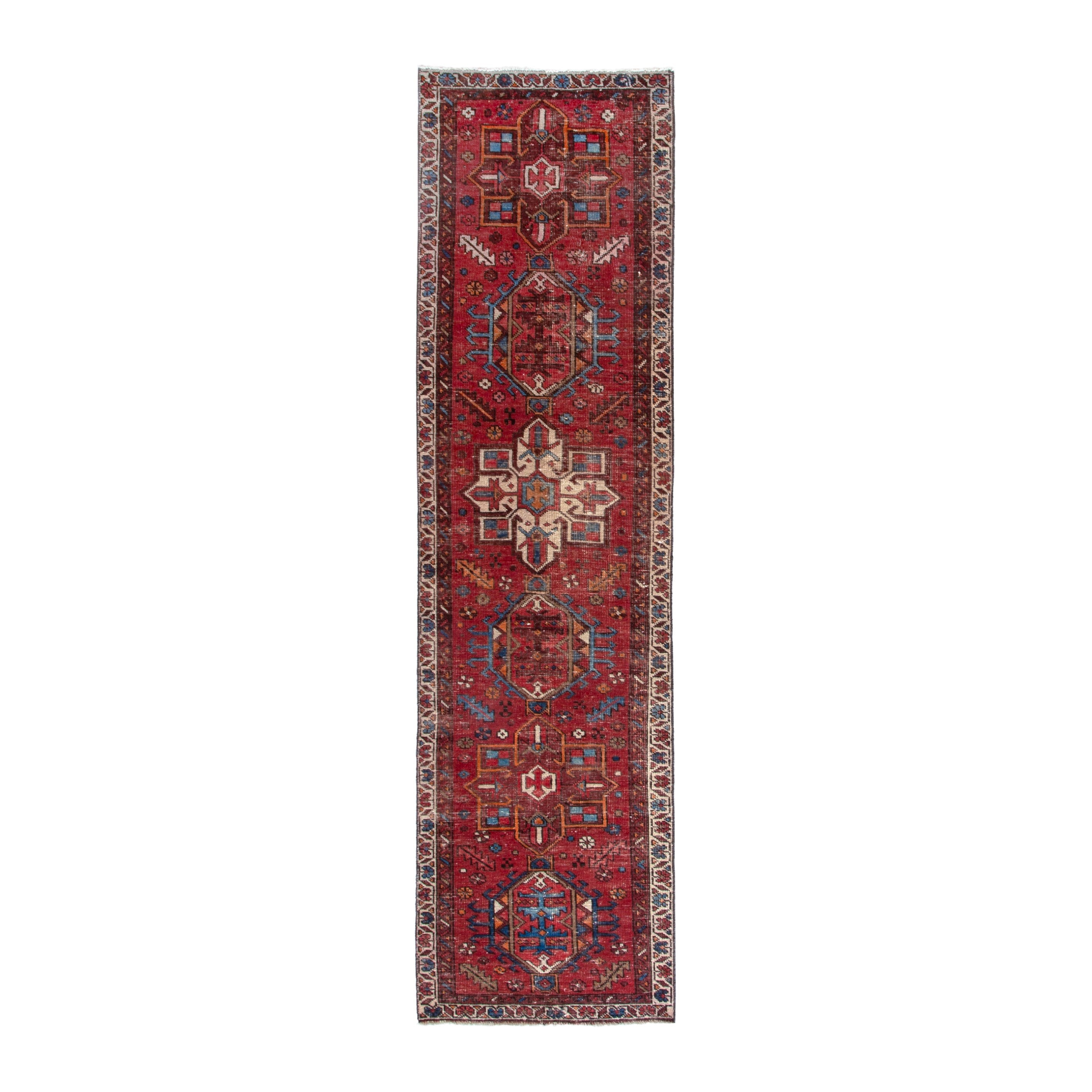 Persian Gharajeh runner rug in deep red and greige, 2'9" x 10'11"