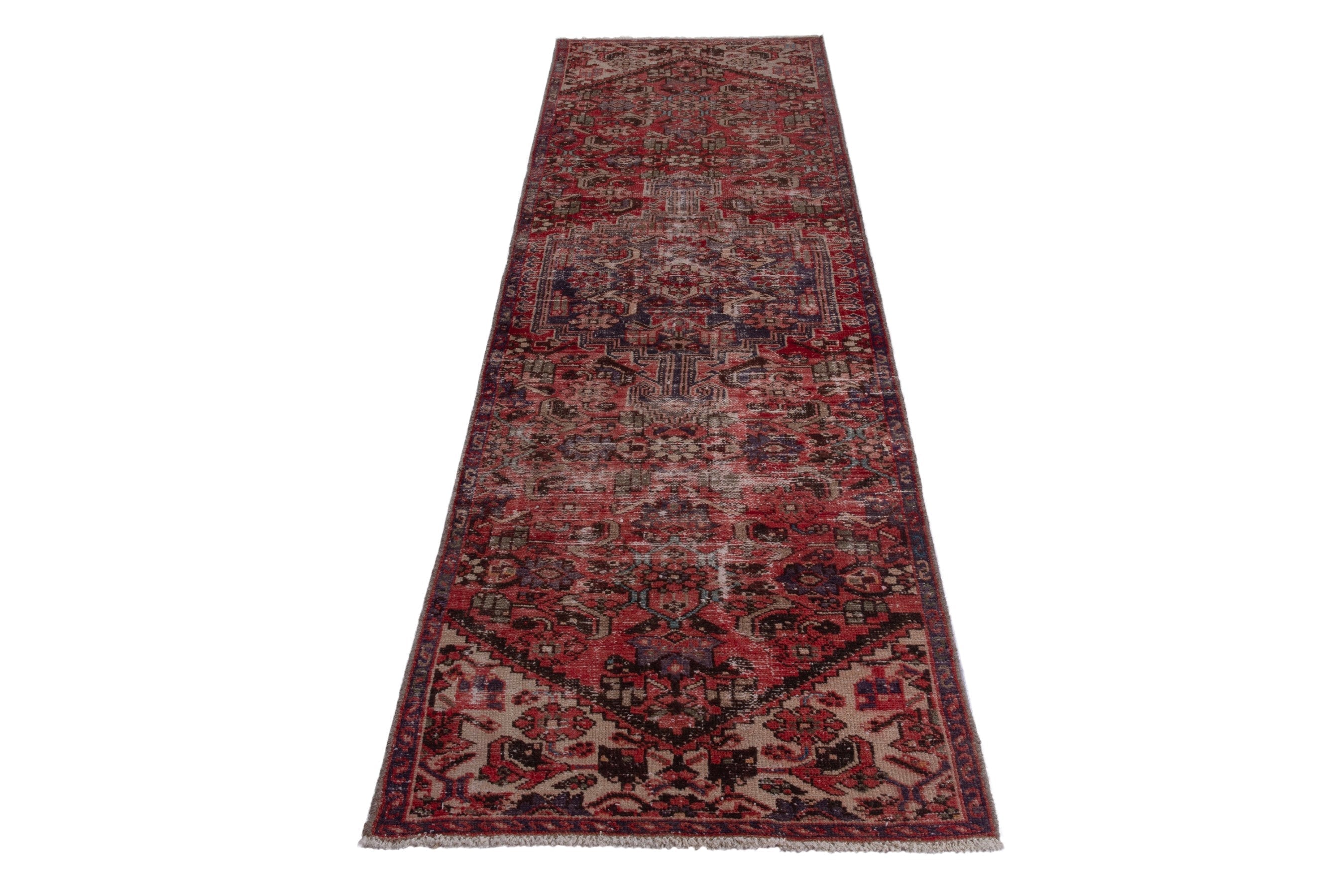 Persian Zanjan runner rug in deep red and taupe, view 2 of 16