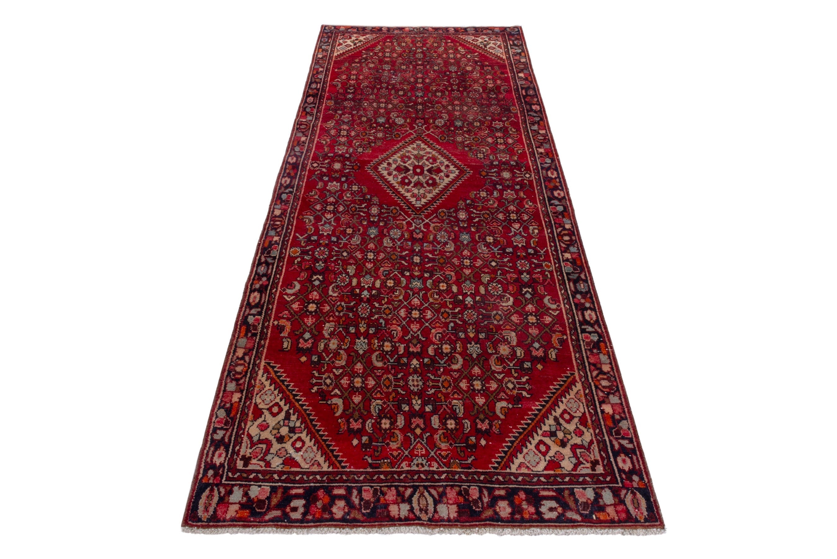 Persian Hamedan runner rug in deep red and cream, view 2 of 17
