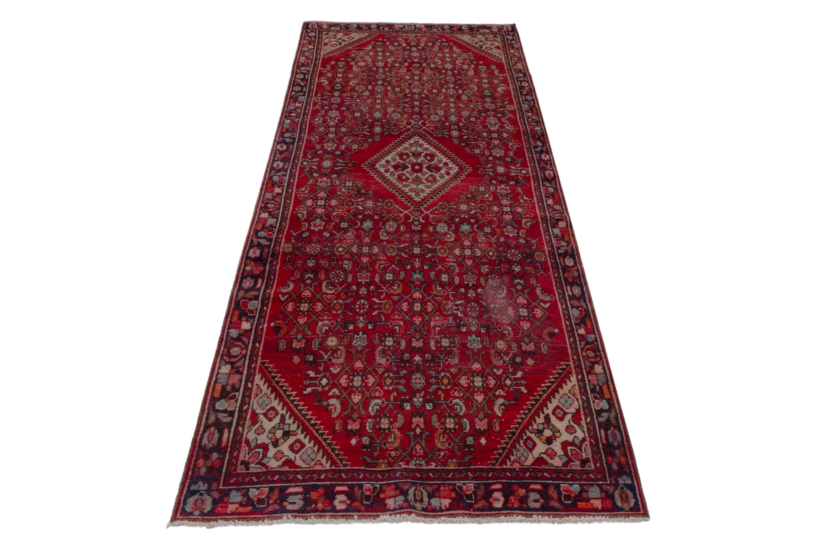 Persian Hamedan runner rug in deep red and cream, view 3 of 17