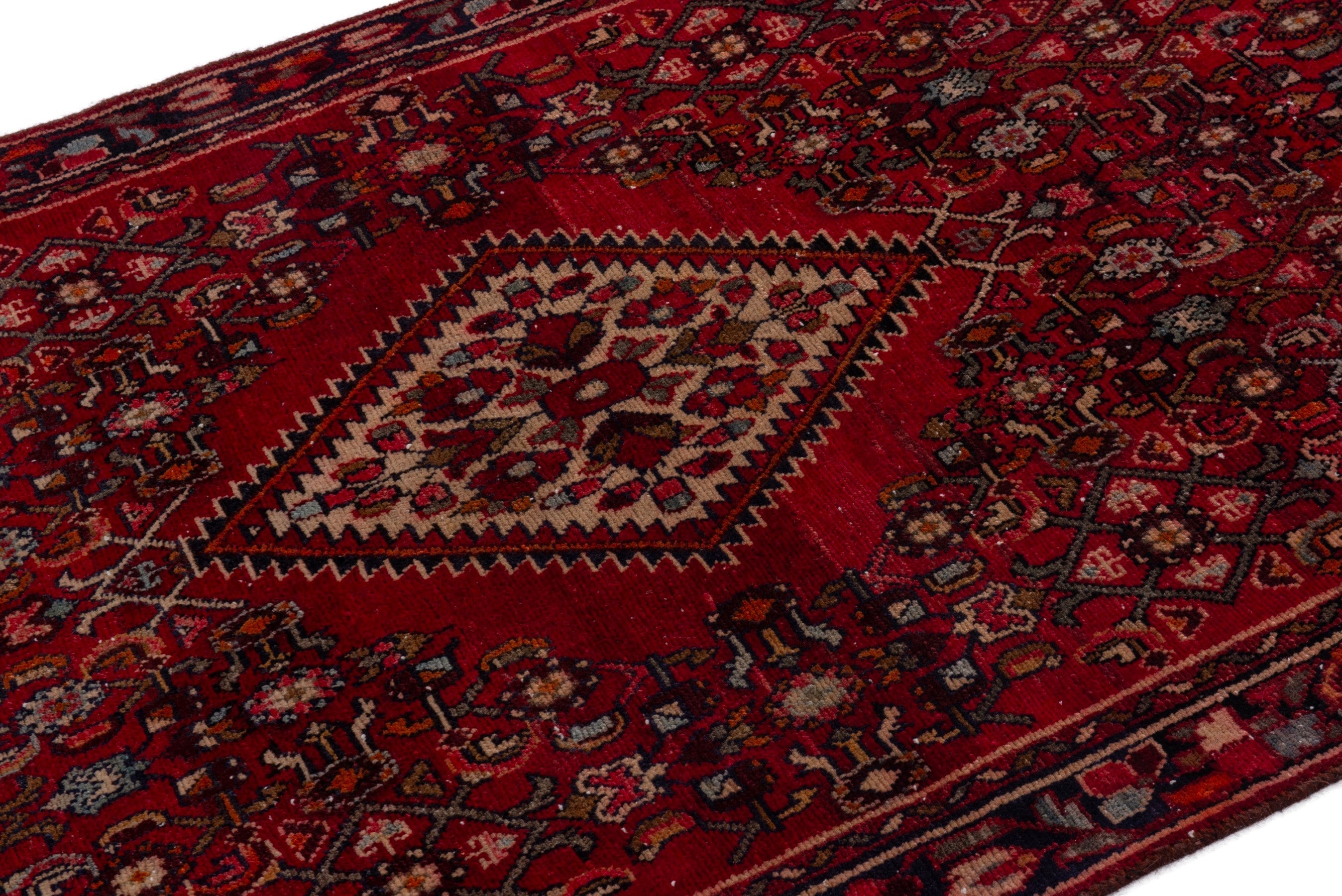 Persian Hamedan runner rug in deep red and cream, view 6 of 17