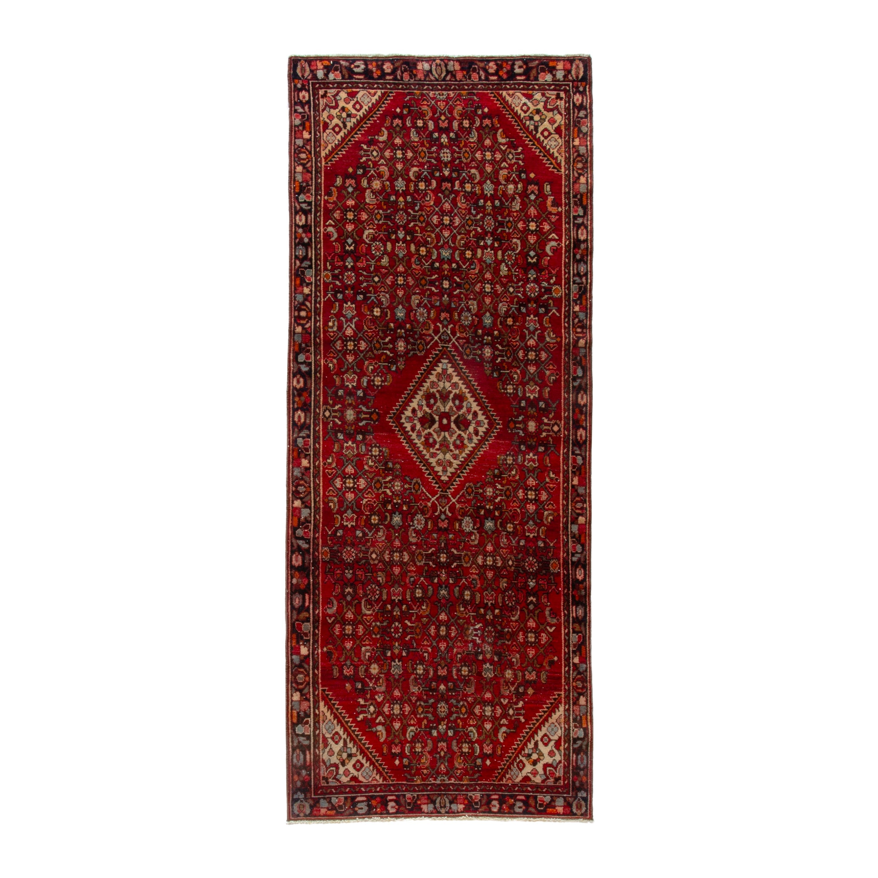 Persian Hamedan runner rug in deep red and cream, 3'7" x 9'7"