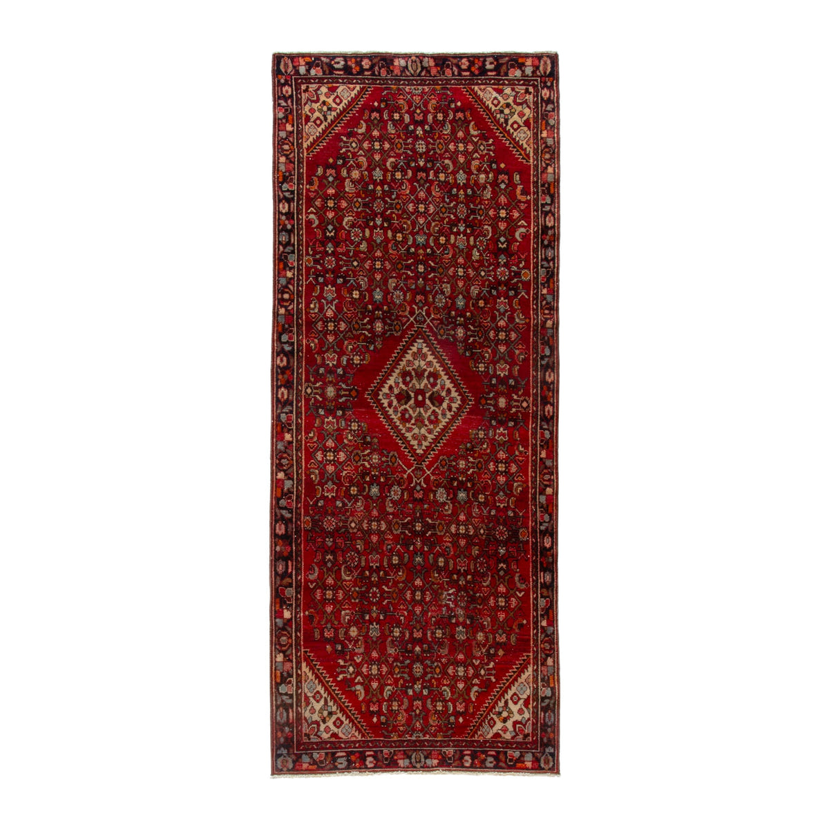 Persian Hamedan runner rug in deep red and cream, 3'7" x 9'7"