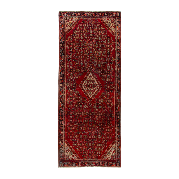 Persian Hamadan runner rug in deep red and cream, 3'7" x 9'7"
