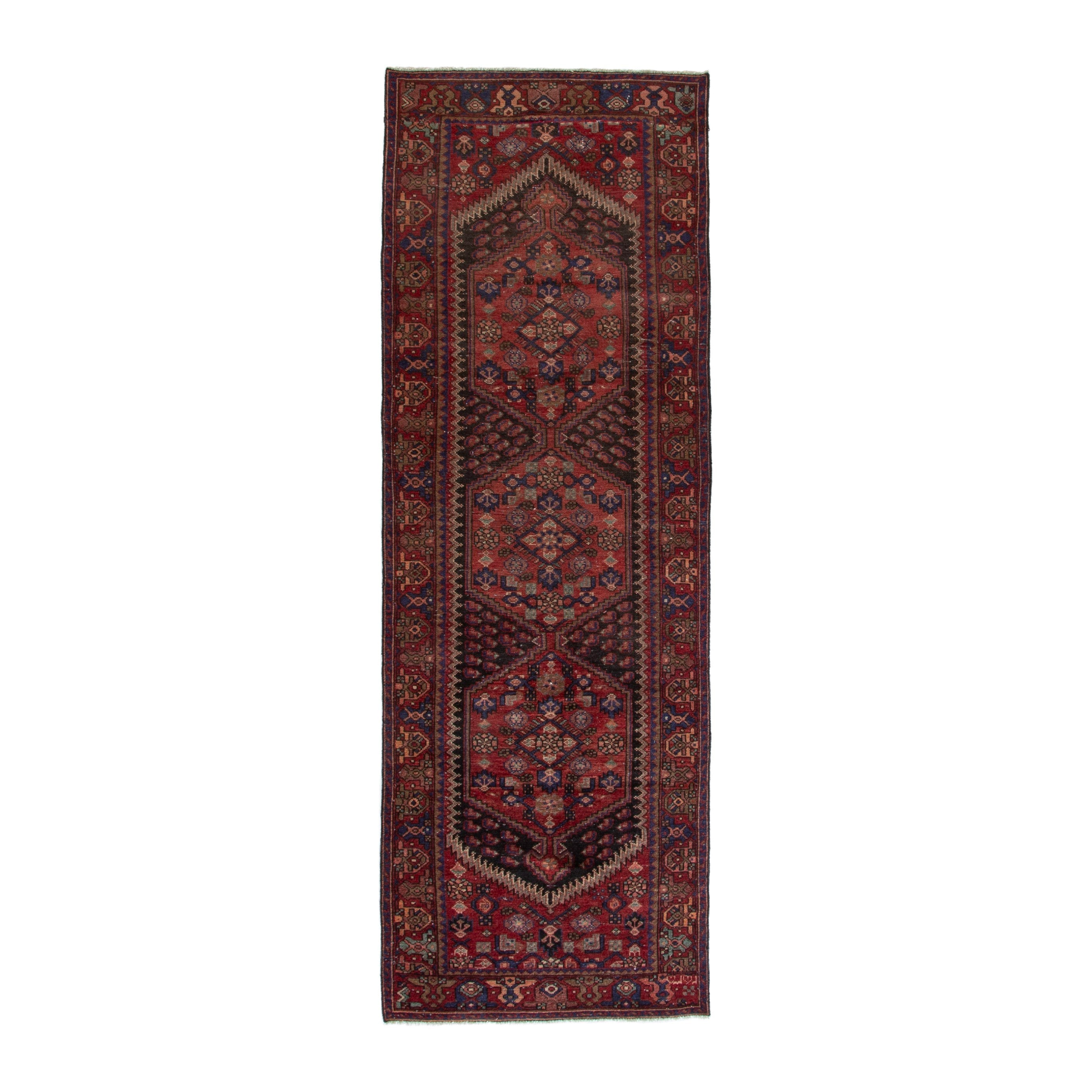 Persian Zanjan runner rug in deep red and burgundy, 3'6" x 10'5"