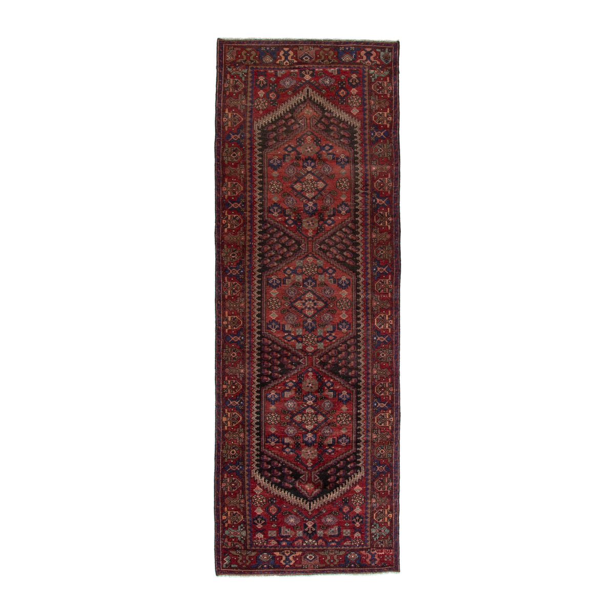 Persian Zanjan runner rug in deep red and burgundy, 3'6" x 10'5"