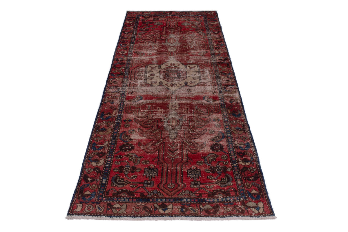Persian Zanjan runner rug in deep red and navy, view 4 of 16