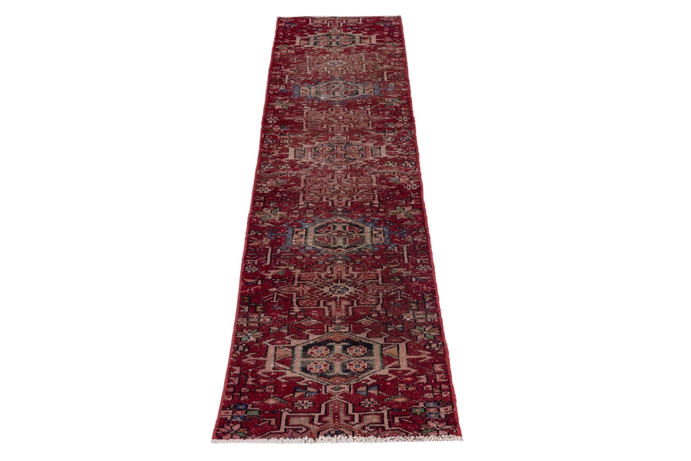 Persian Gharajeh runner rug in burgundy and antique gold, view 2 of 14