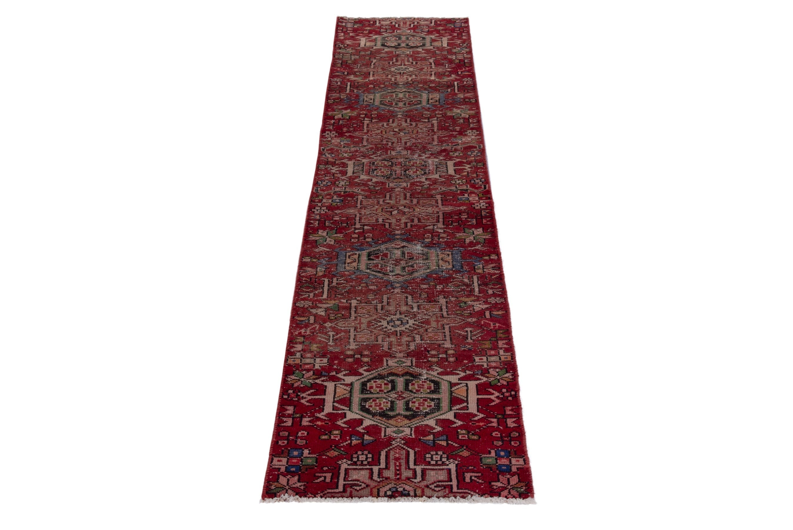 Persian Gharajeh runner rug in burgundy and antique gold, view 3 of 14