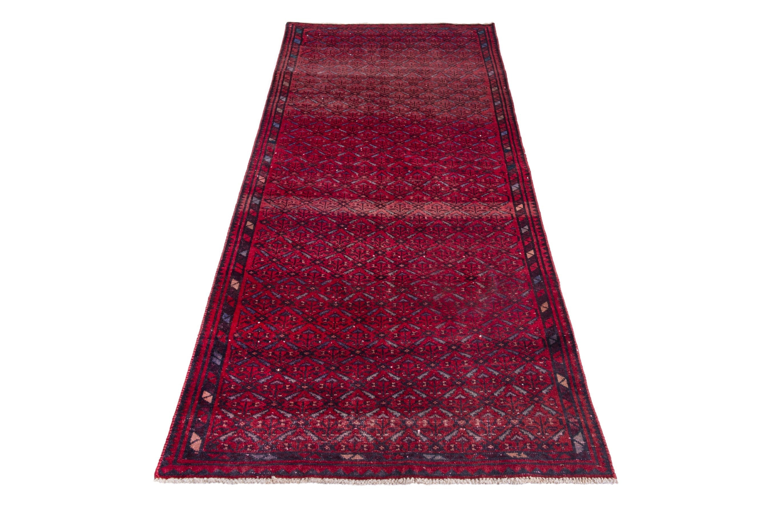 Persian Baluch runner rug in deep red and burgundy, view 2 of 17
