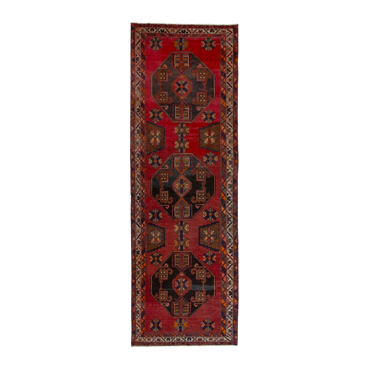 Persian Ardabil area rug in deep red and dark brown, 4' x 12'6"