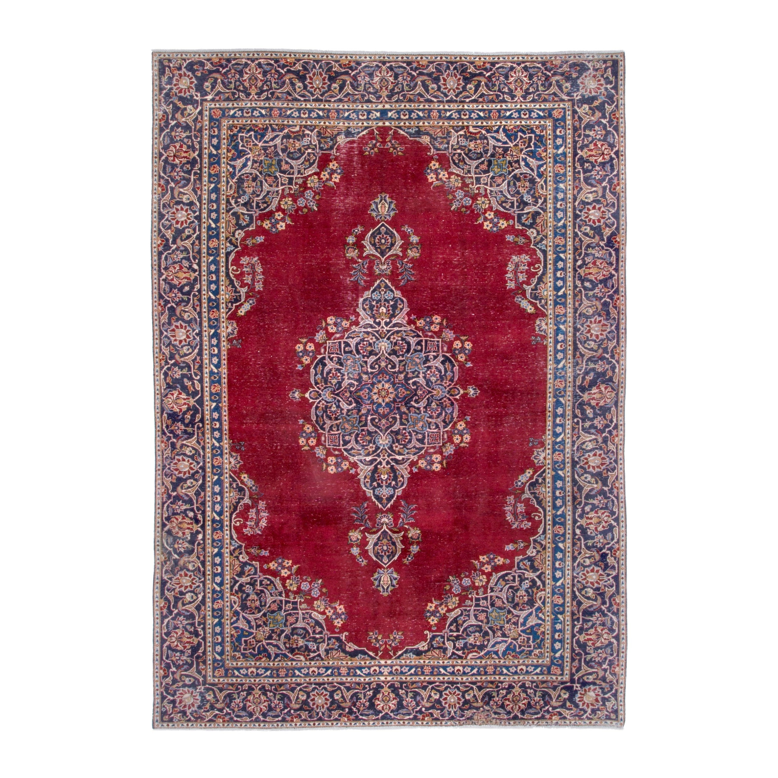 Persian Kashan oversized rug in burgundy and navy, 7'3" x 11'5"