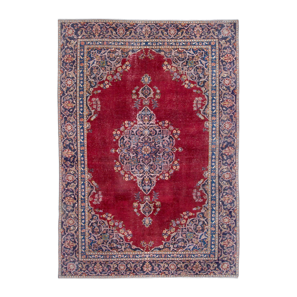 Persian Kashan oversized rug in burgundy and navy, 7'3" x 11'5"