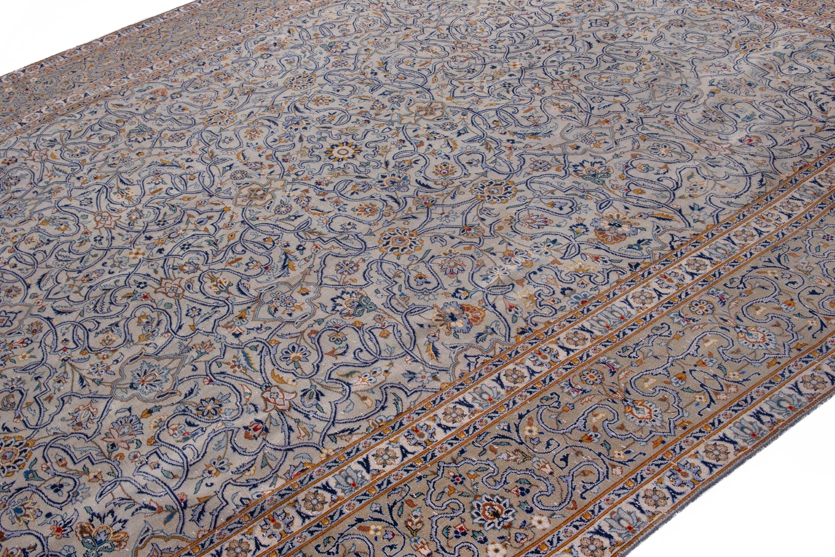 Persian Kashan oversized rug in greige and khaki, view 6 of 23