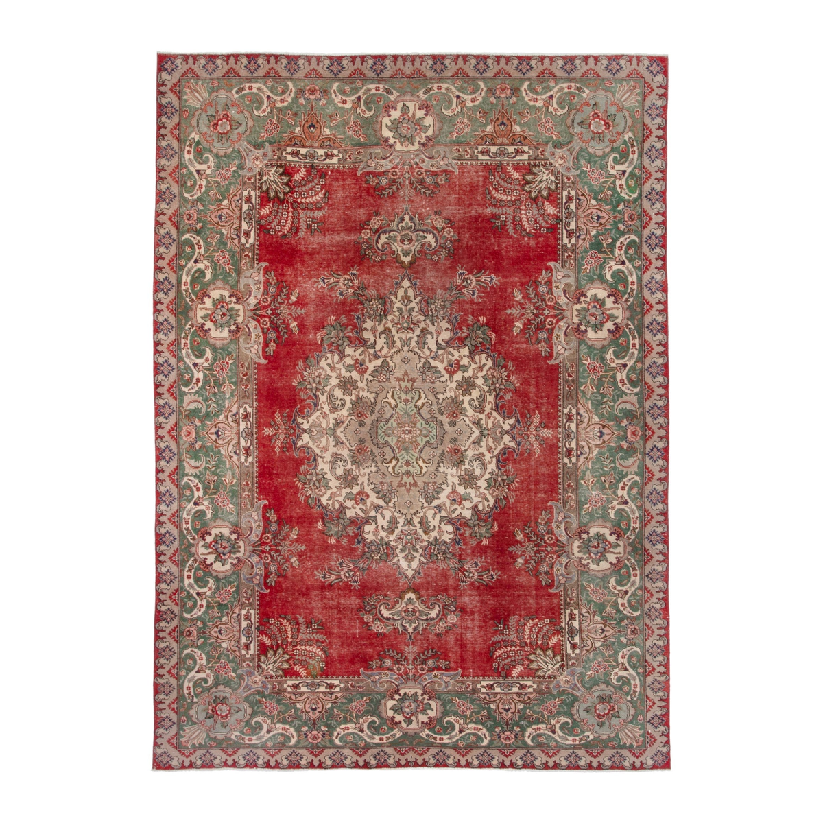 Persian Tabriz oversized rug in deep red and sage, 9'2" x 13'