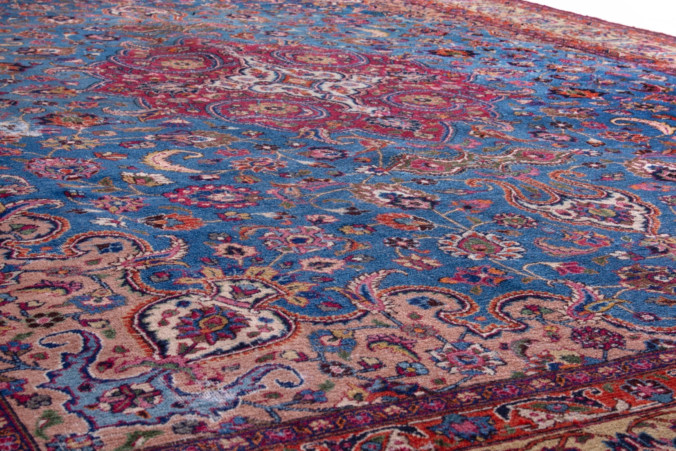 Persian Mashhad oversized rug in blue and burgundy, view 10 of 25