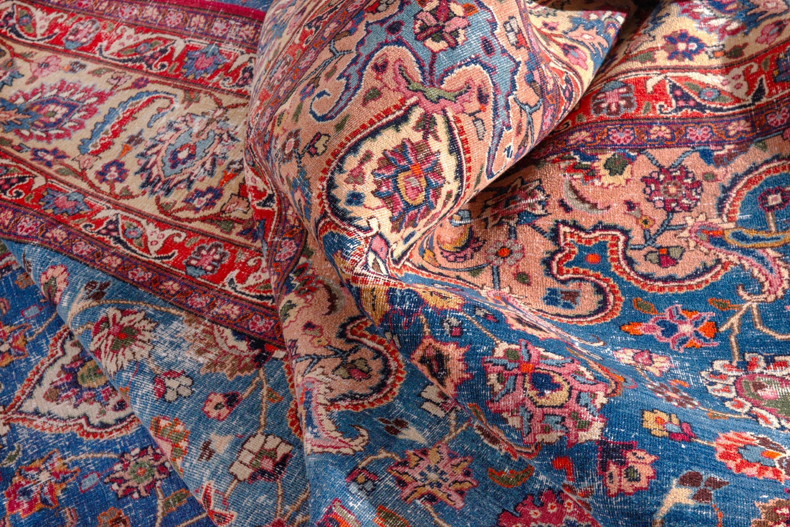 Persian Mashhad oversized rug in blue and burgundy, view 19 of 25