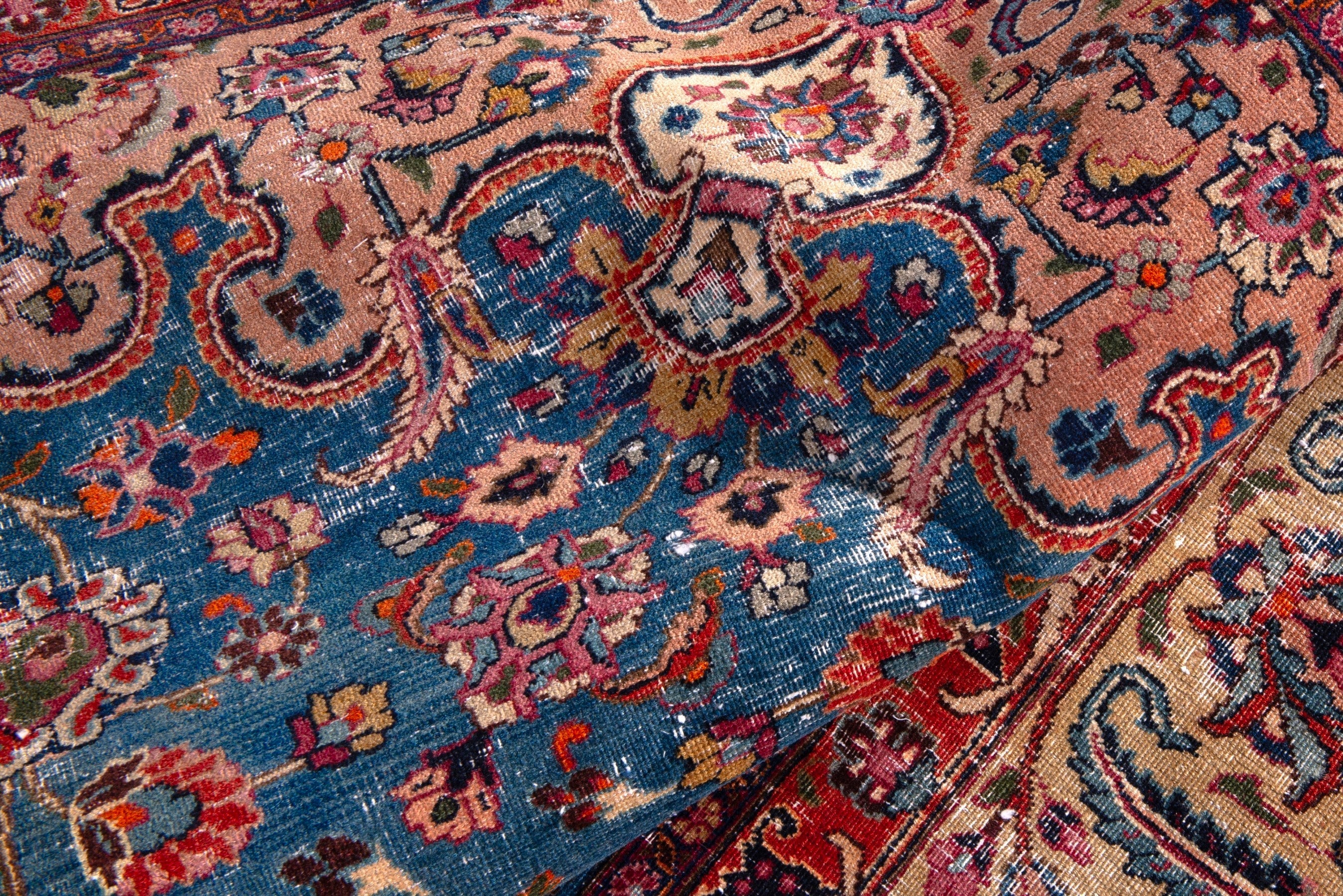 Persian Mashhad oversized rug in blue and burgundy, view 20 of 25