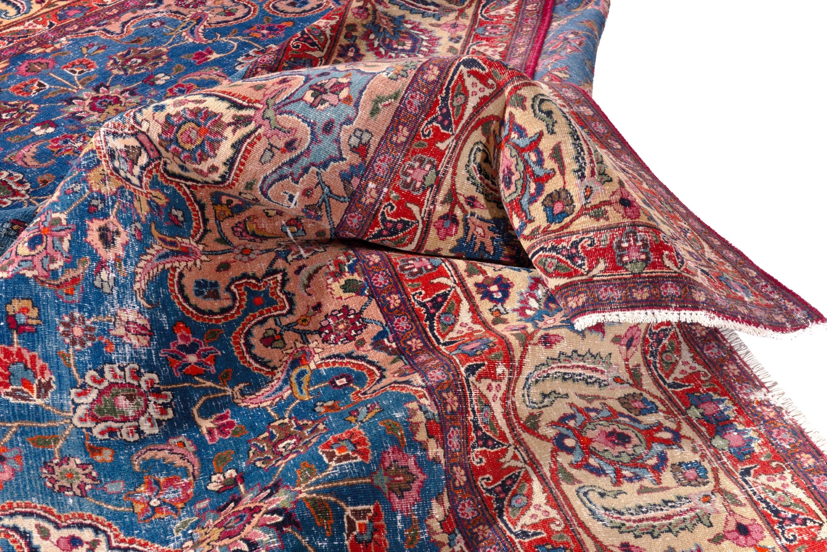 Persian Mashhad oversized rug in blue and burgundy, view 21 of 25