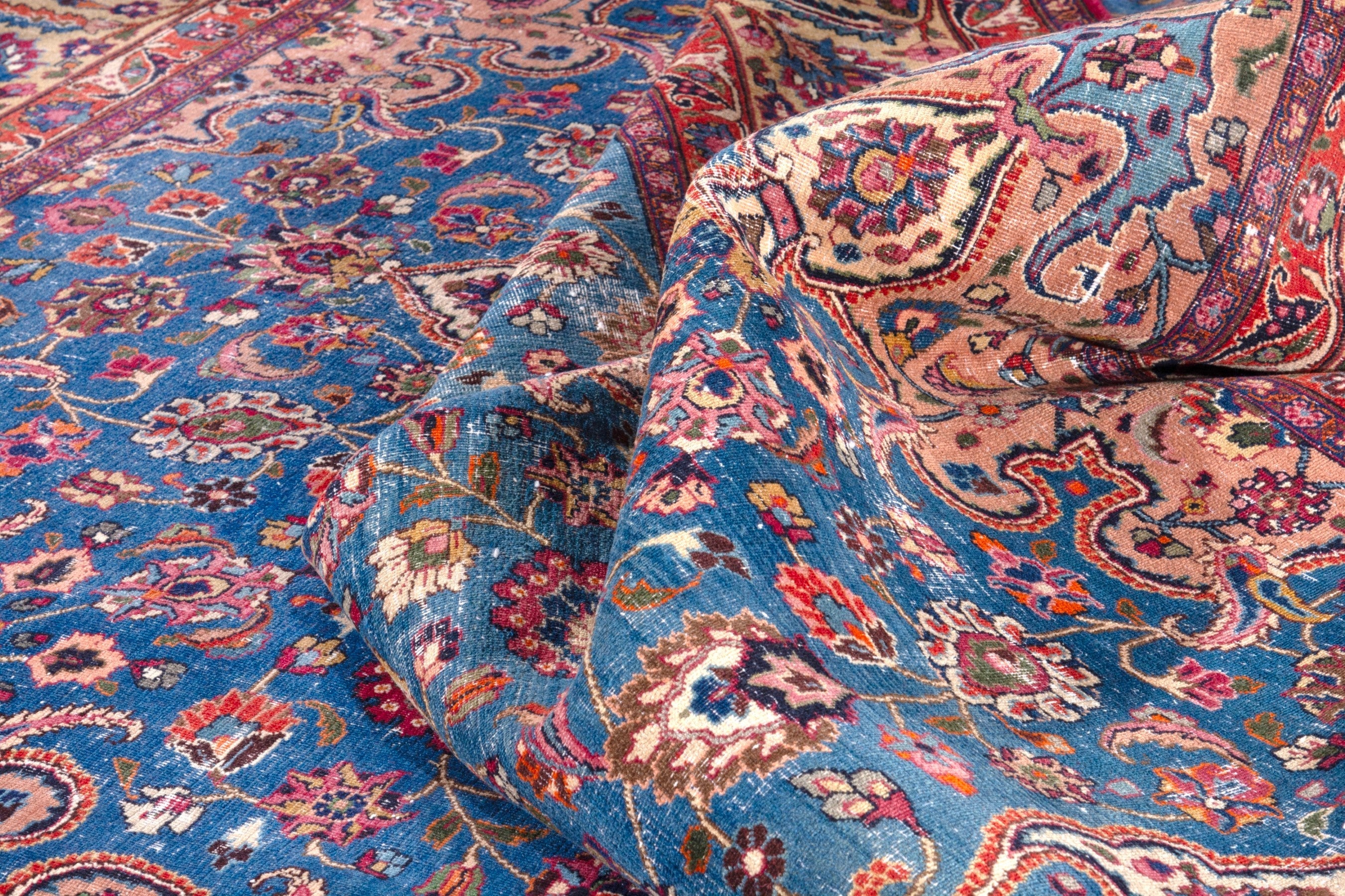 Persian Mashhad oversized rug in blue and burgundy, view 24 of 25