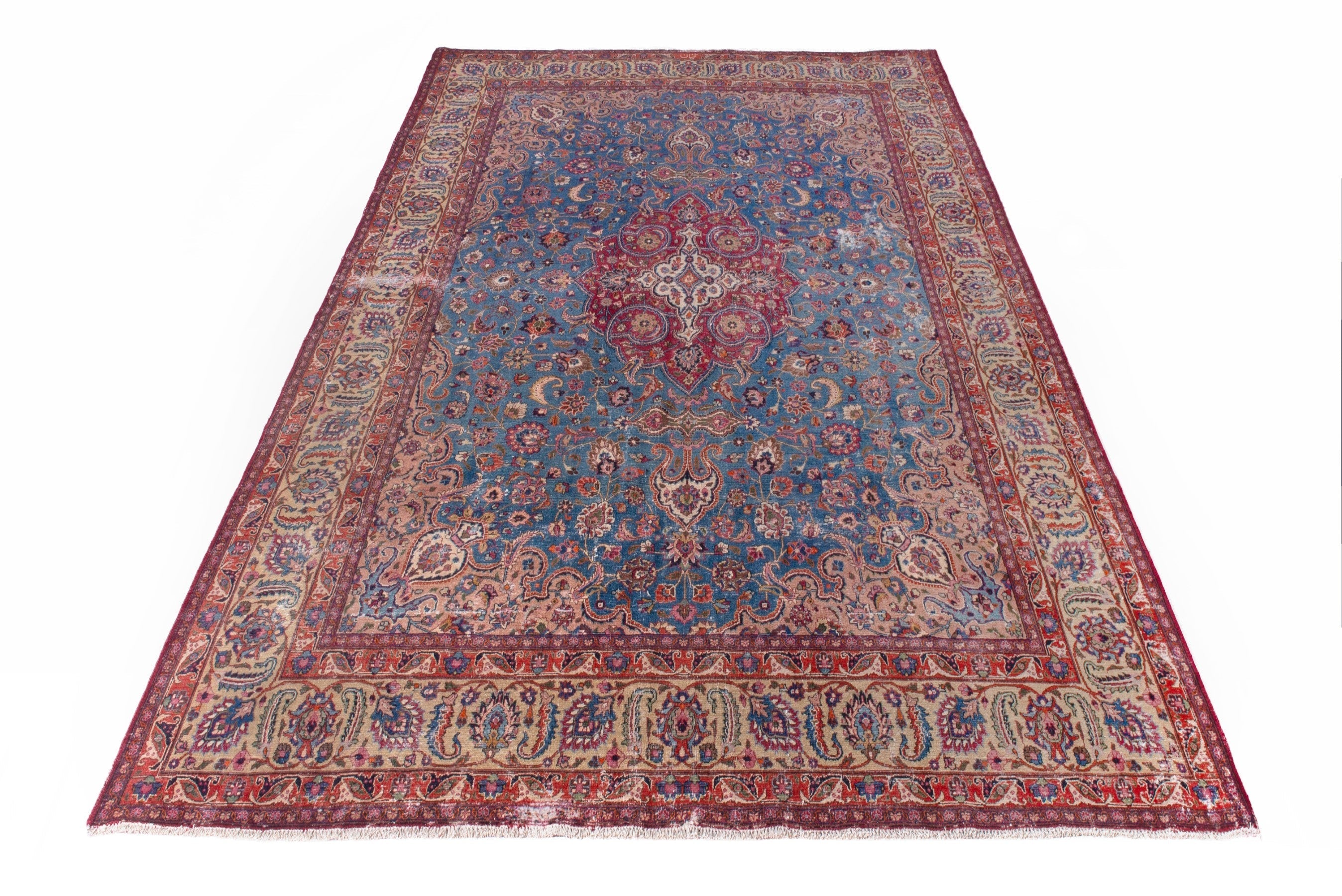 Persian Mashhad oversized rug in blue and burgundy, view 2 of 25