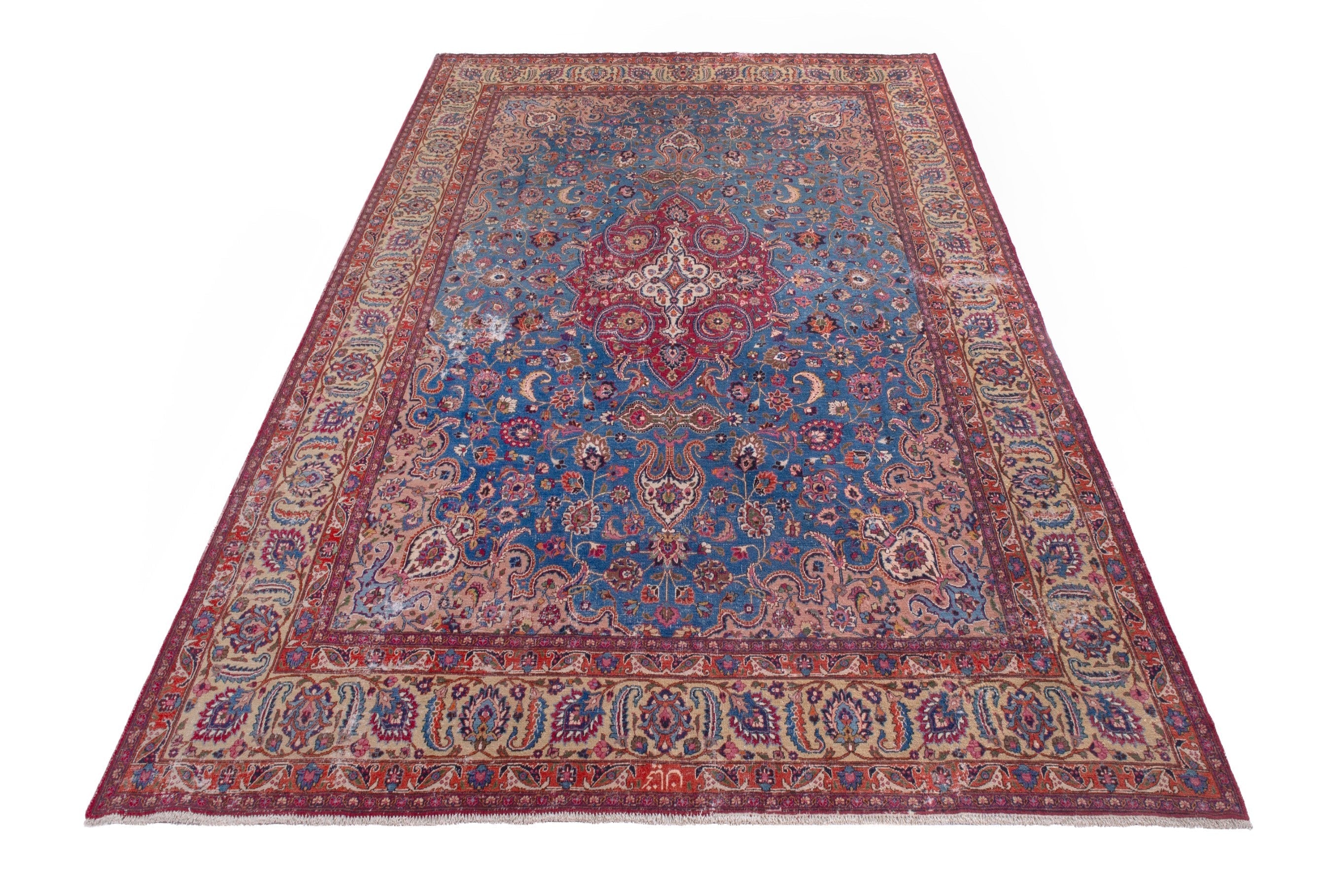Persian Mashhad oversized rug in blue and burgundy, view 3 of 25