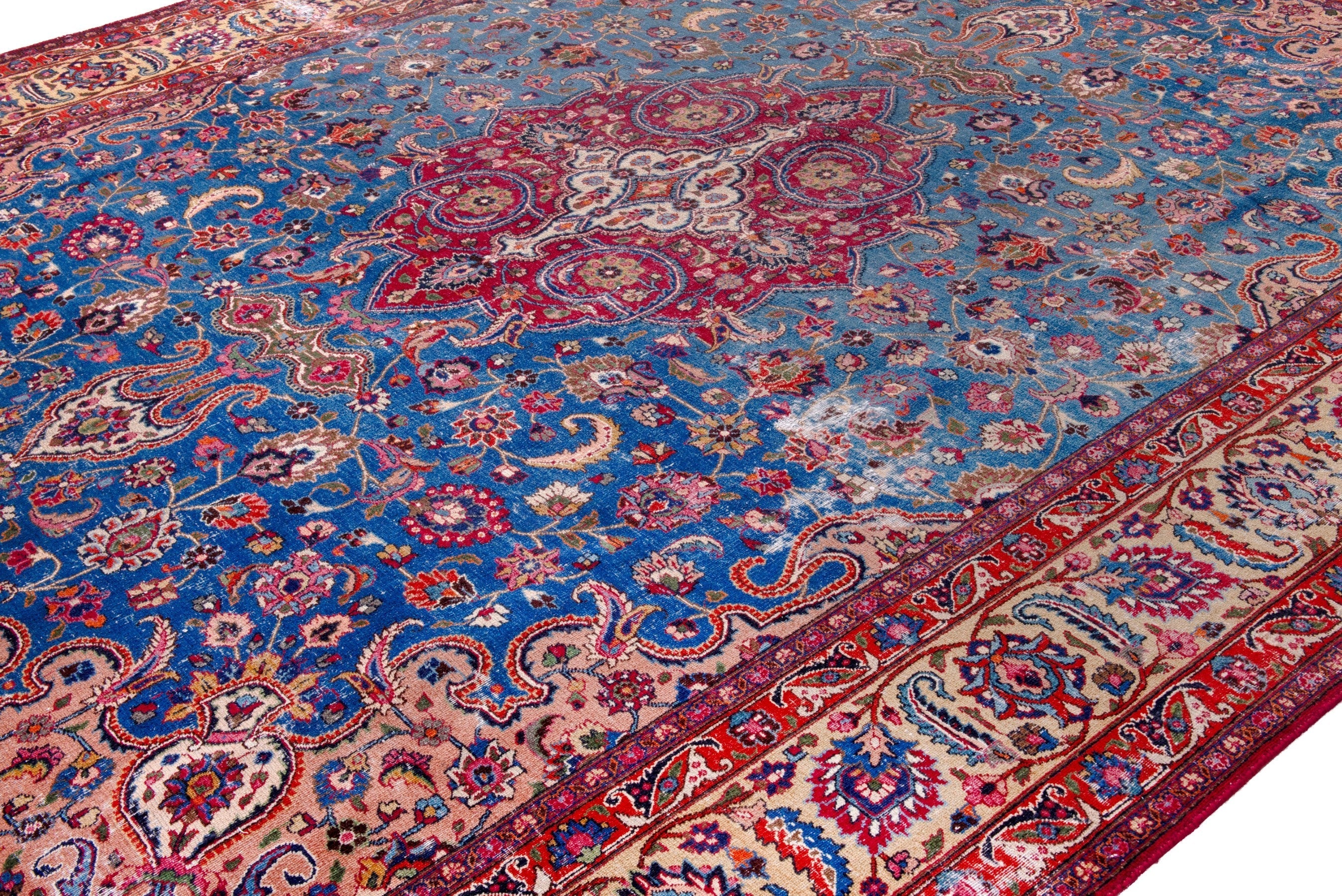 Persian Mashhad oversized rug in blue and burgundy, view 6 of 25
