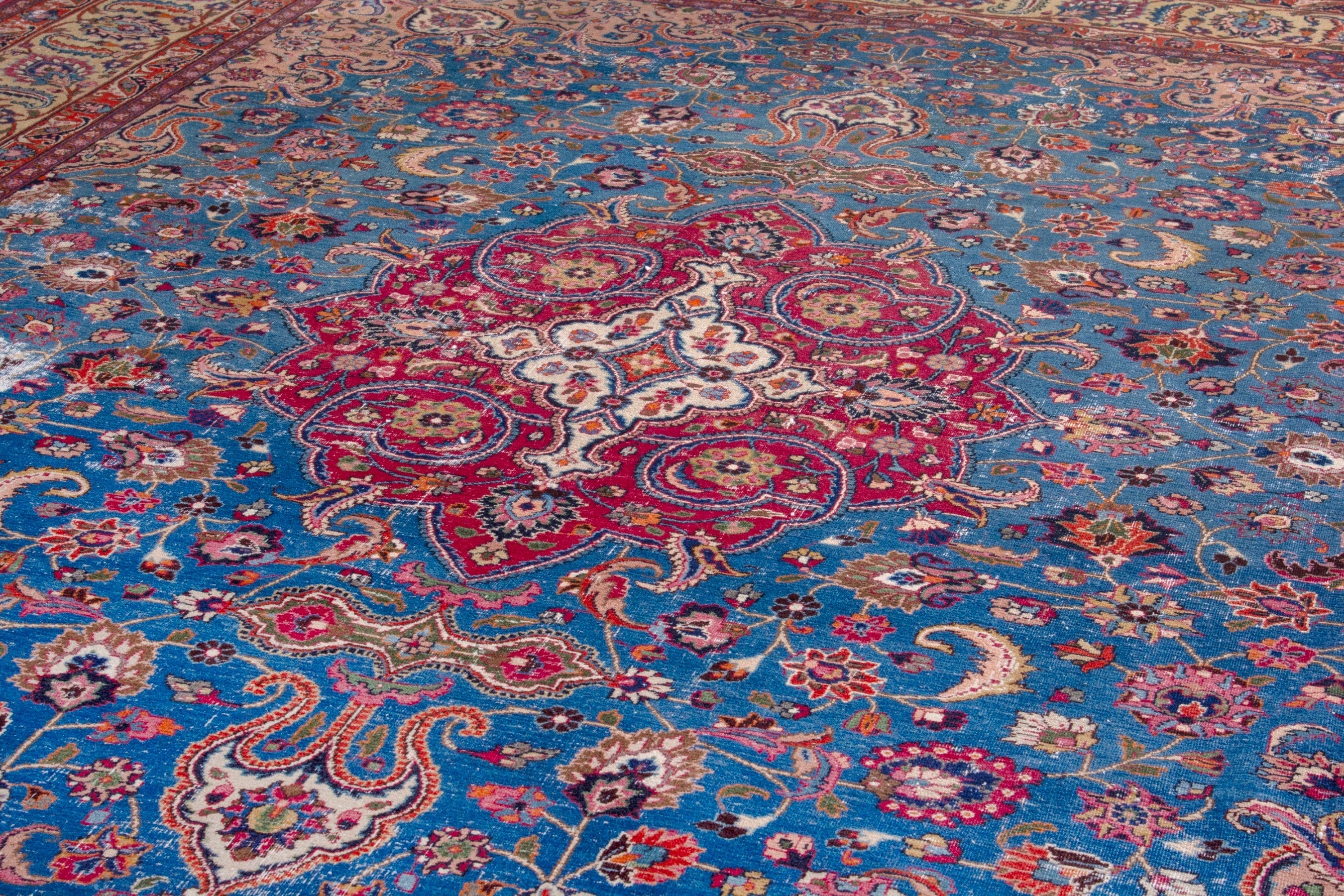 Persian Mashhad oversized rug in blue and burgundy, view 9 of 25