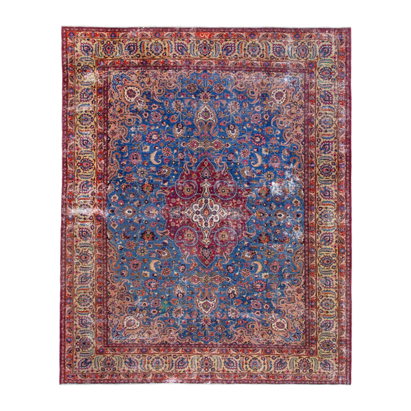 Persian Mashhad oversized rug in blue and burgundy, 10'1" x 13'1"