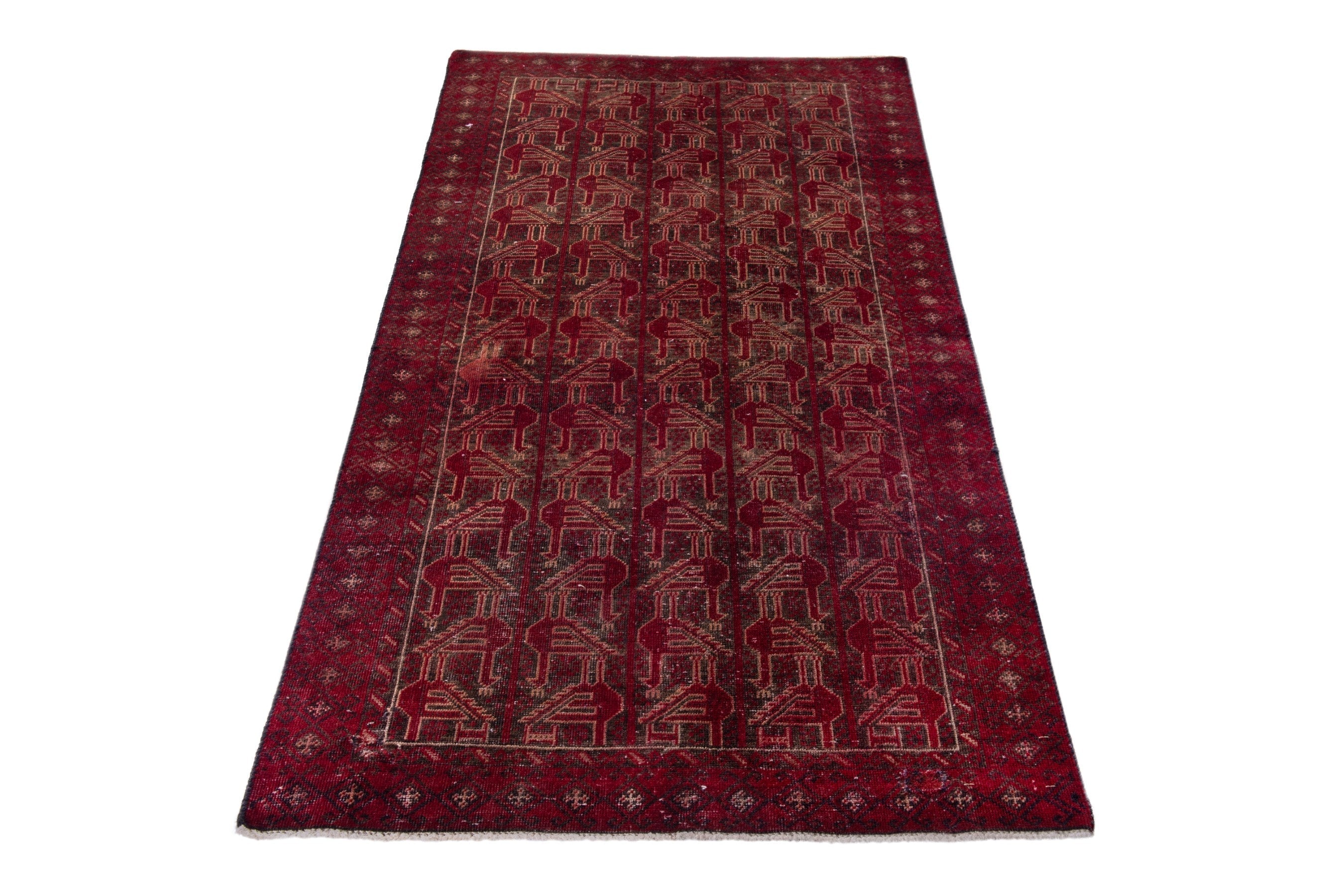 Persian Baluch accent rug in burgundy and faded red, view 2 of 17