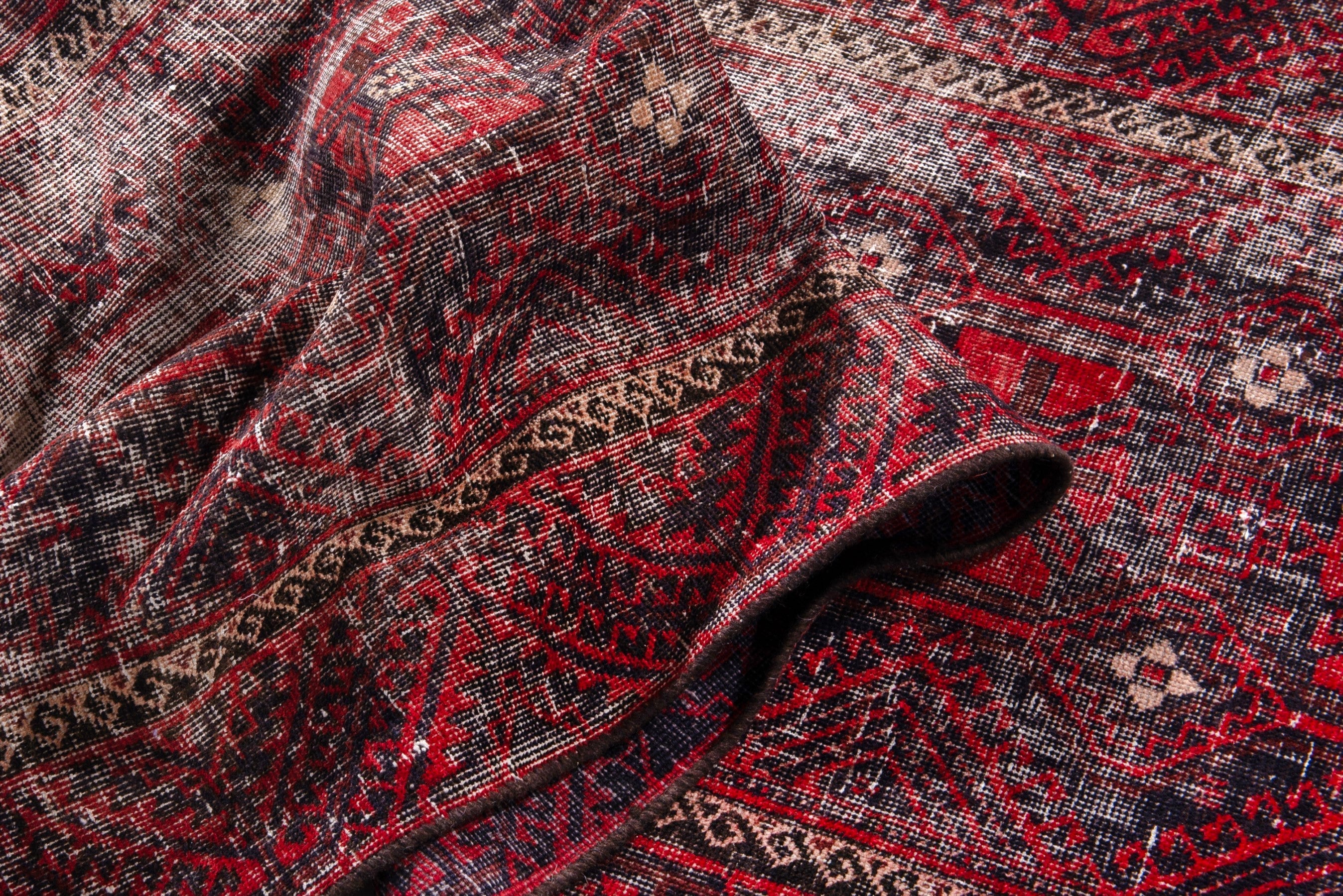 Persian Baluch runner rug in burgundy and faded red, view 17 of 19