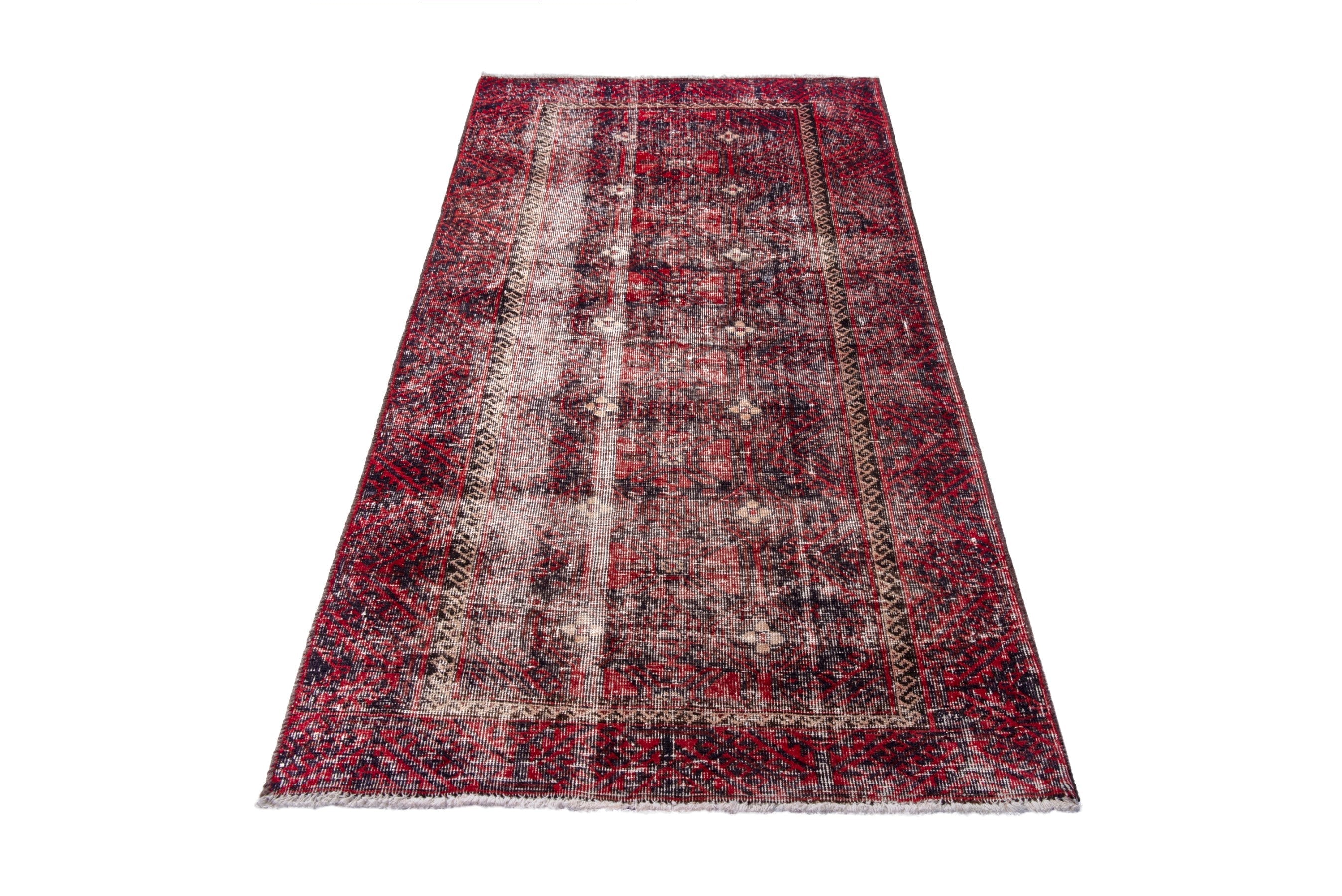 Persian Baluch runner rug in burgundy and faded red, view 2 of 19