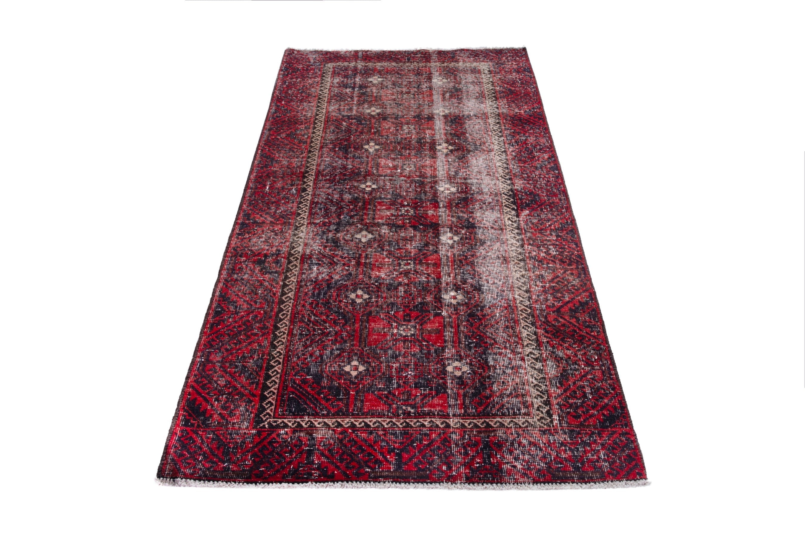 Persian Baluch runner rug in burgundy and faded red, view 3 of 19
