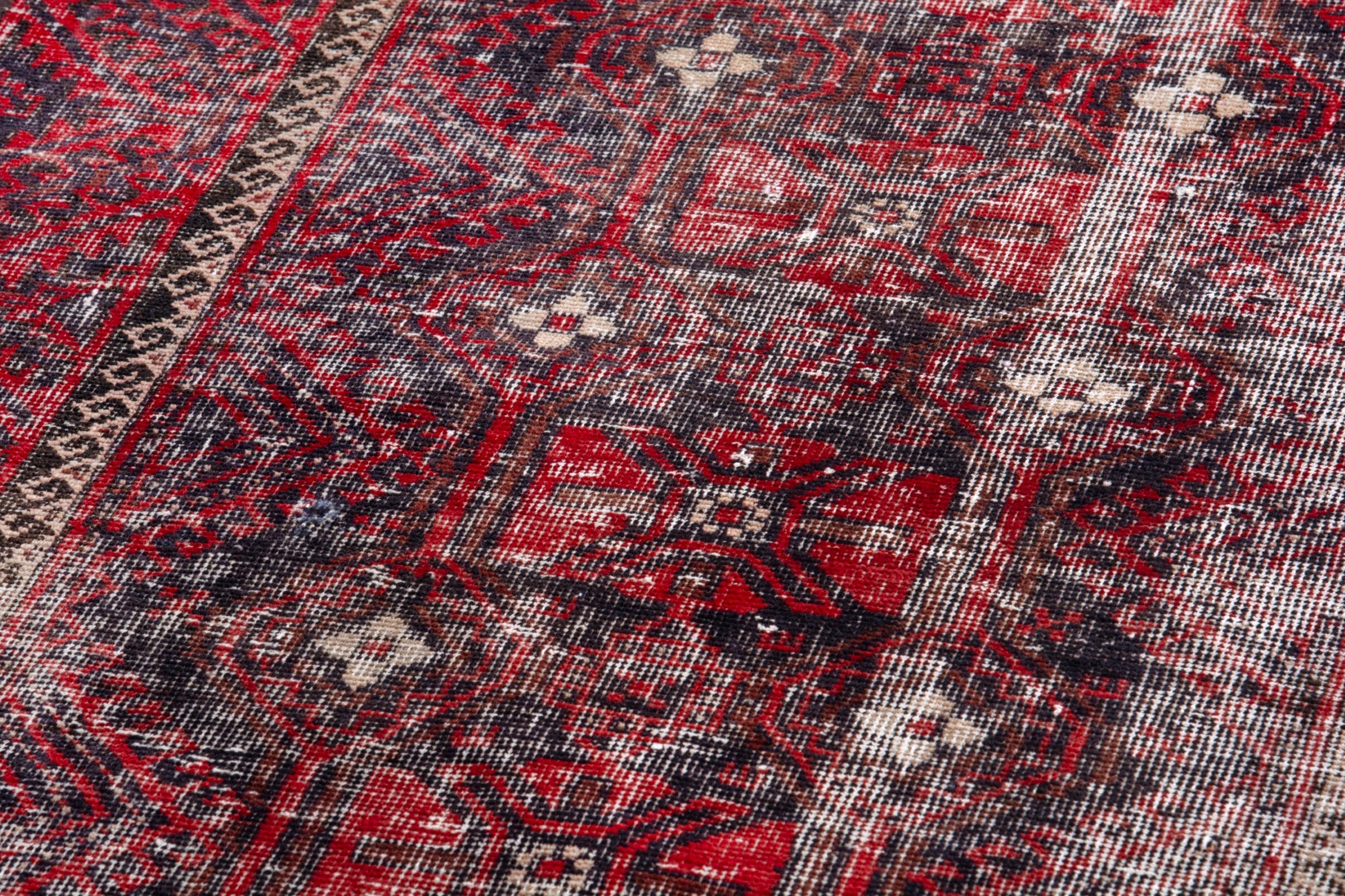 Persian Baluch runner rug in burgundy and faded red, view 9 of 19