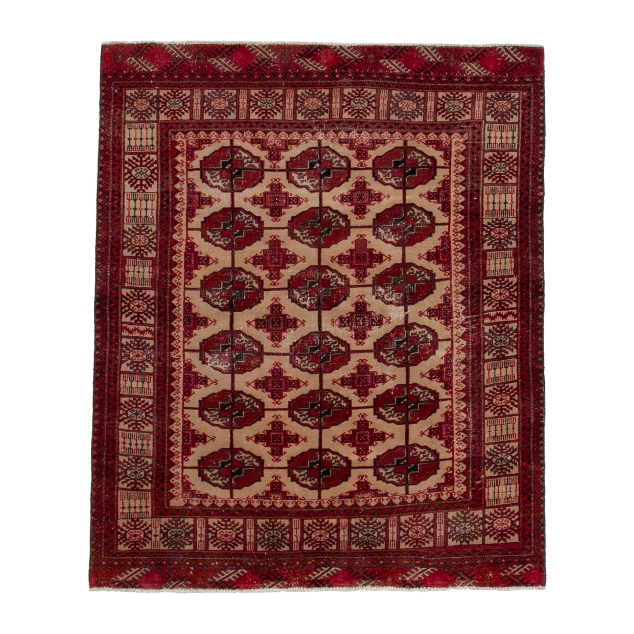 Persian Torkaman accent rug in burgundy and cream, 4'2" x 5'1"