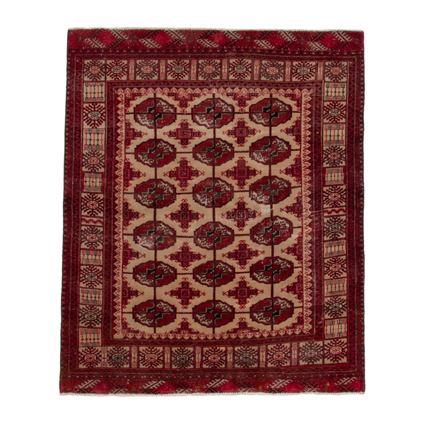 Persian Torkaman accent rug in burgundy and cream, 4'2" x 5'1"