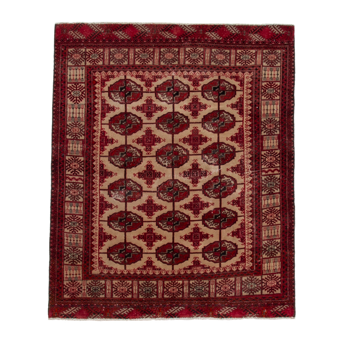 Persian Torkaman accent rug in burgundy and cream, 4'2" x 5'1"