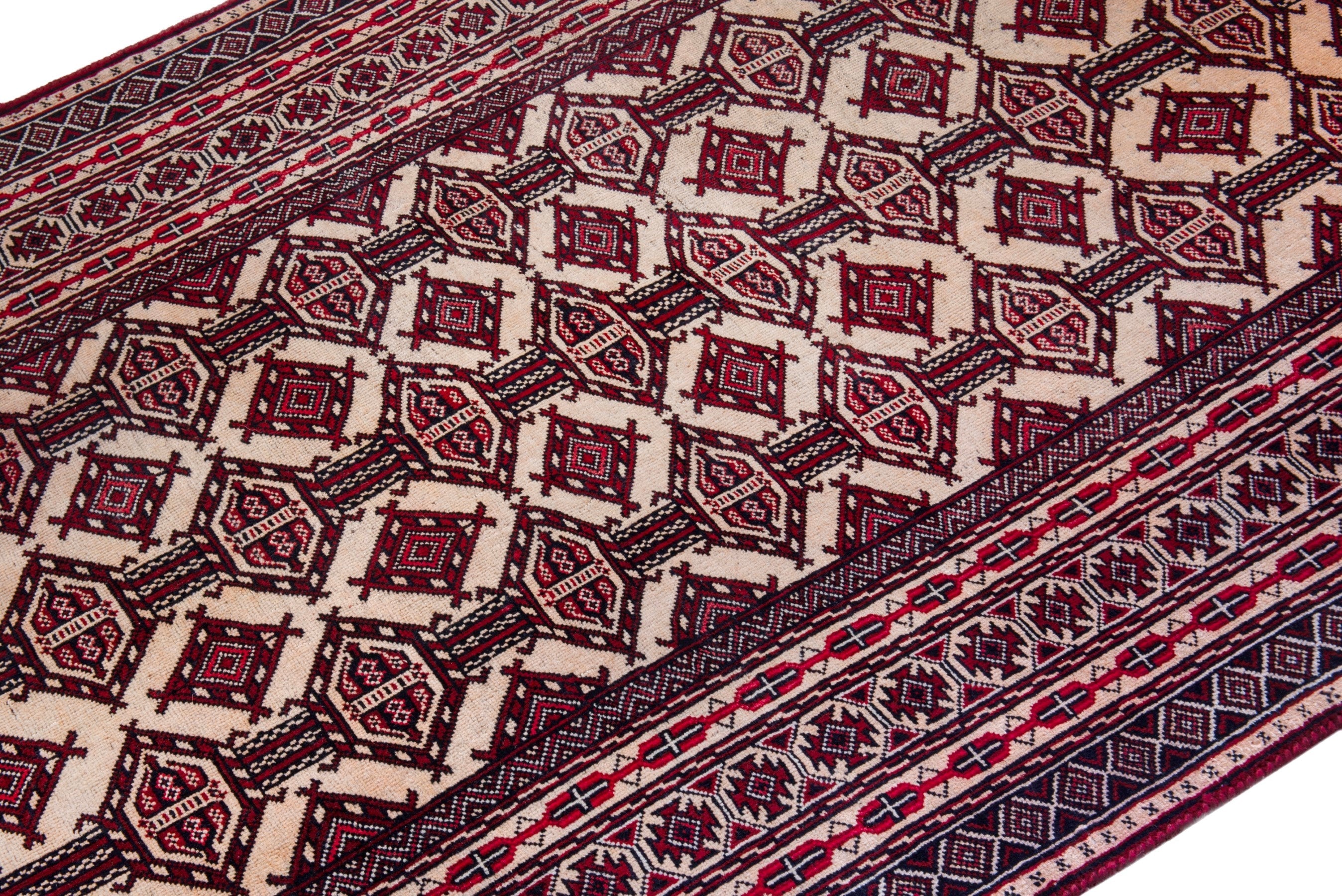Persian Baluch accent rug in cream and burgundy, view 6 of 19