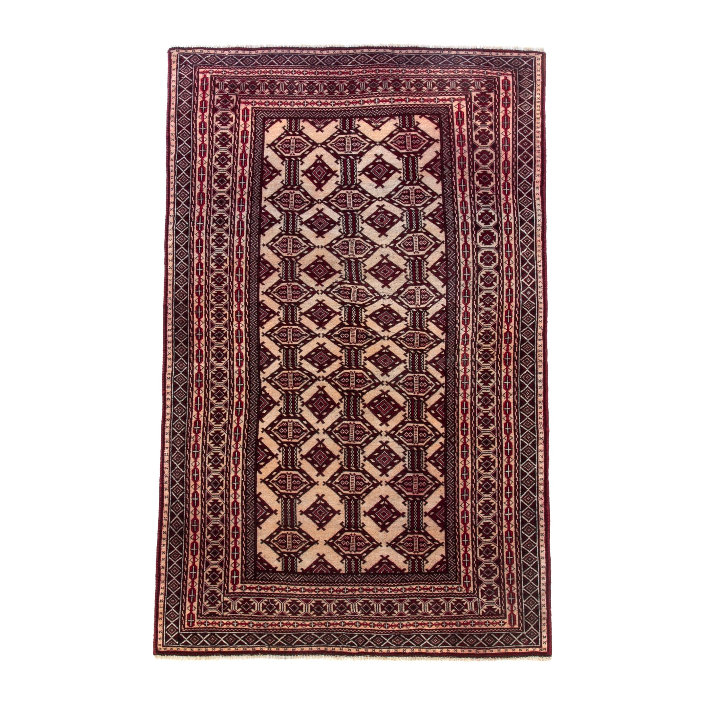 Persian Baluch accent rug in cream and burgundy, 4' x 6'6"