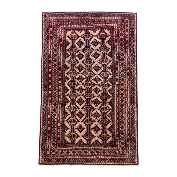Persian Baluch accent rug in cream and burgundy, 4' x 6'6"