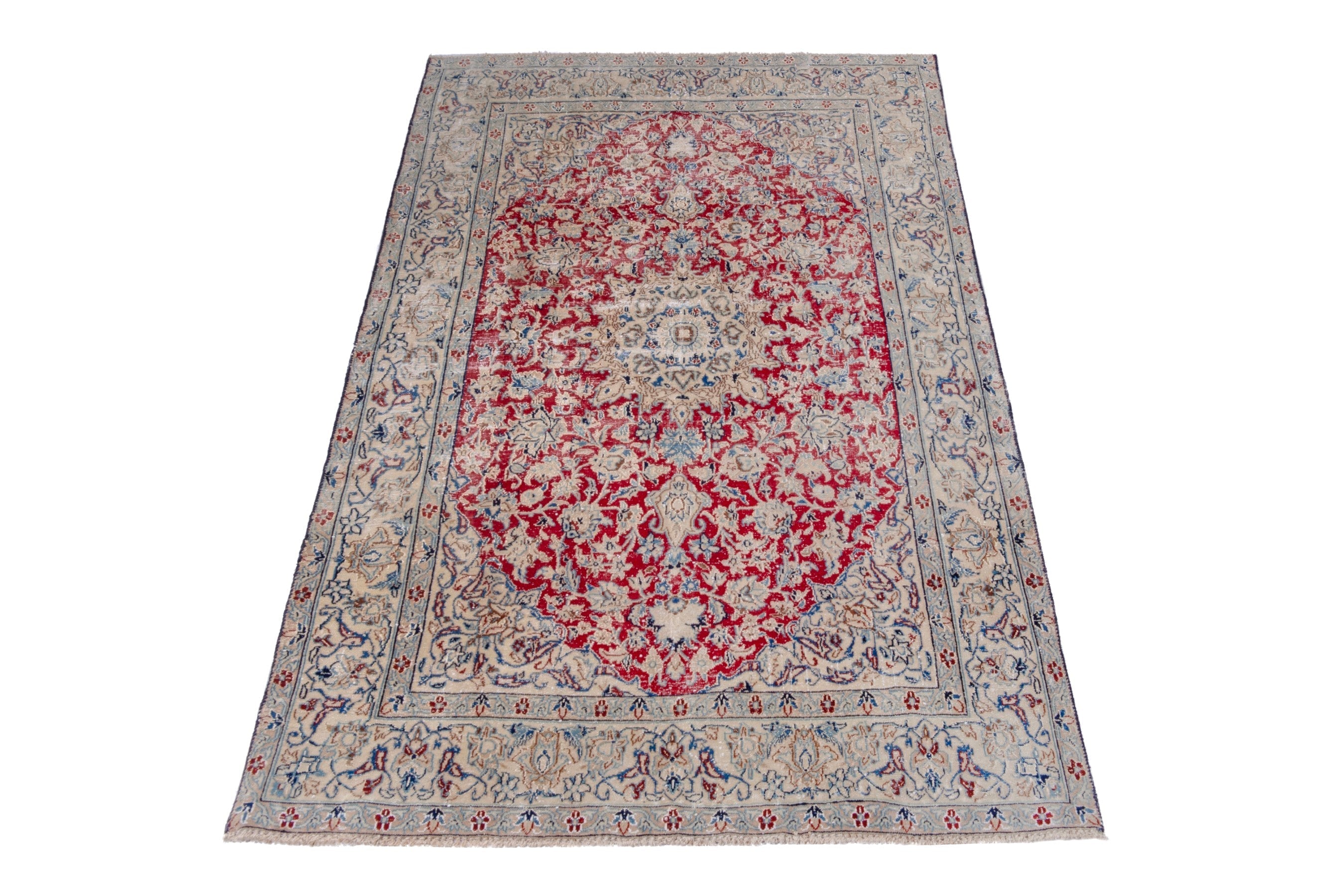 Persian Nain accent rug in deep red and cream, view 2 of 17