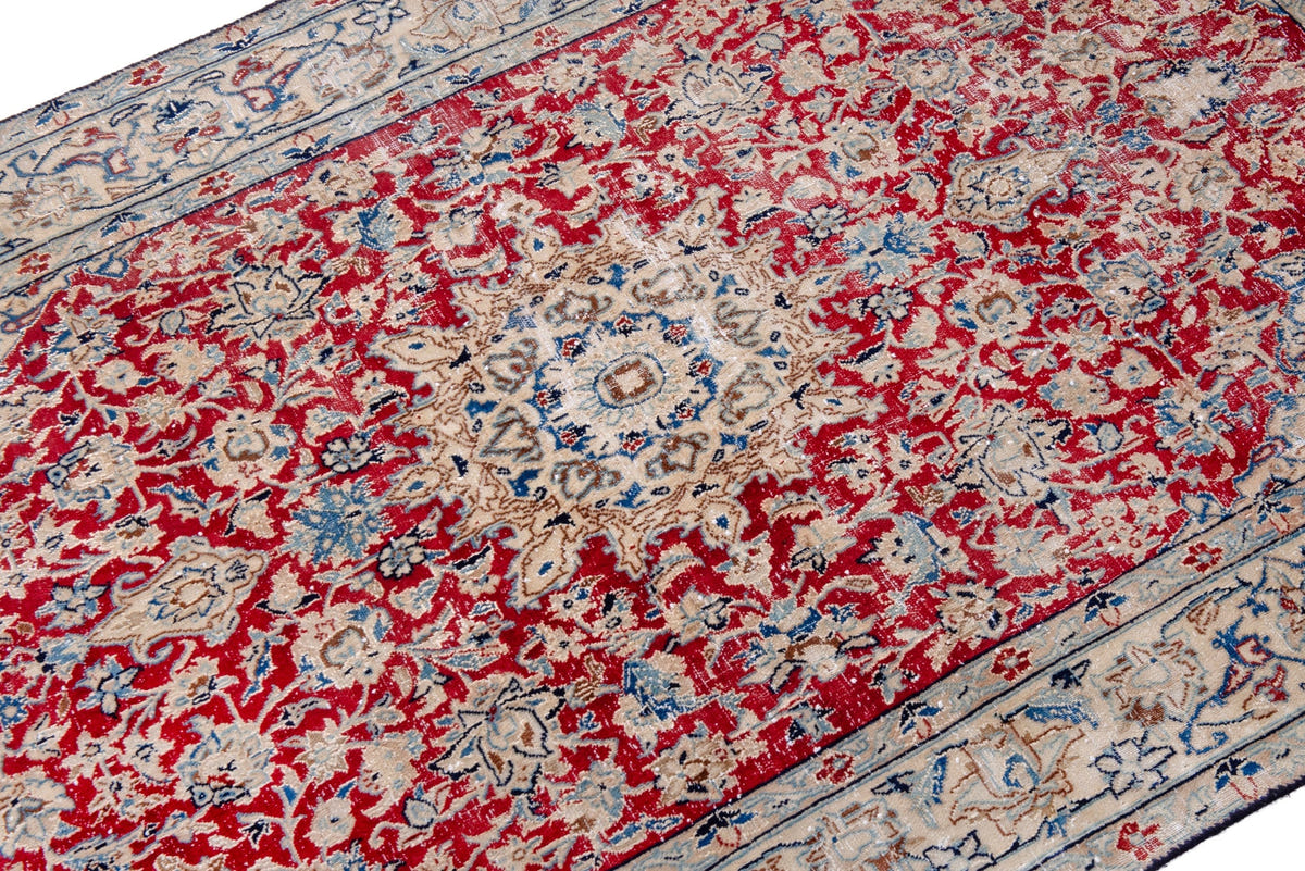 Persian Nain accent rug in deep red and cream, view 5 of 18