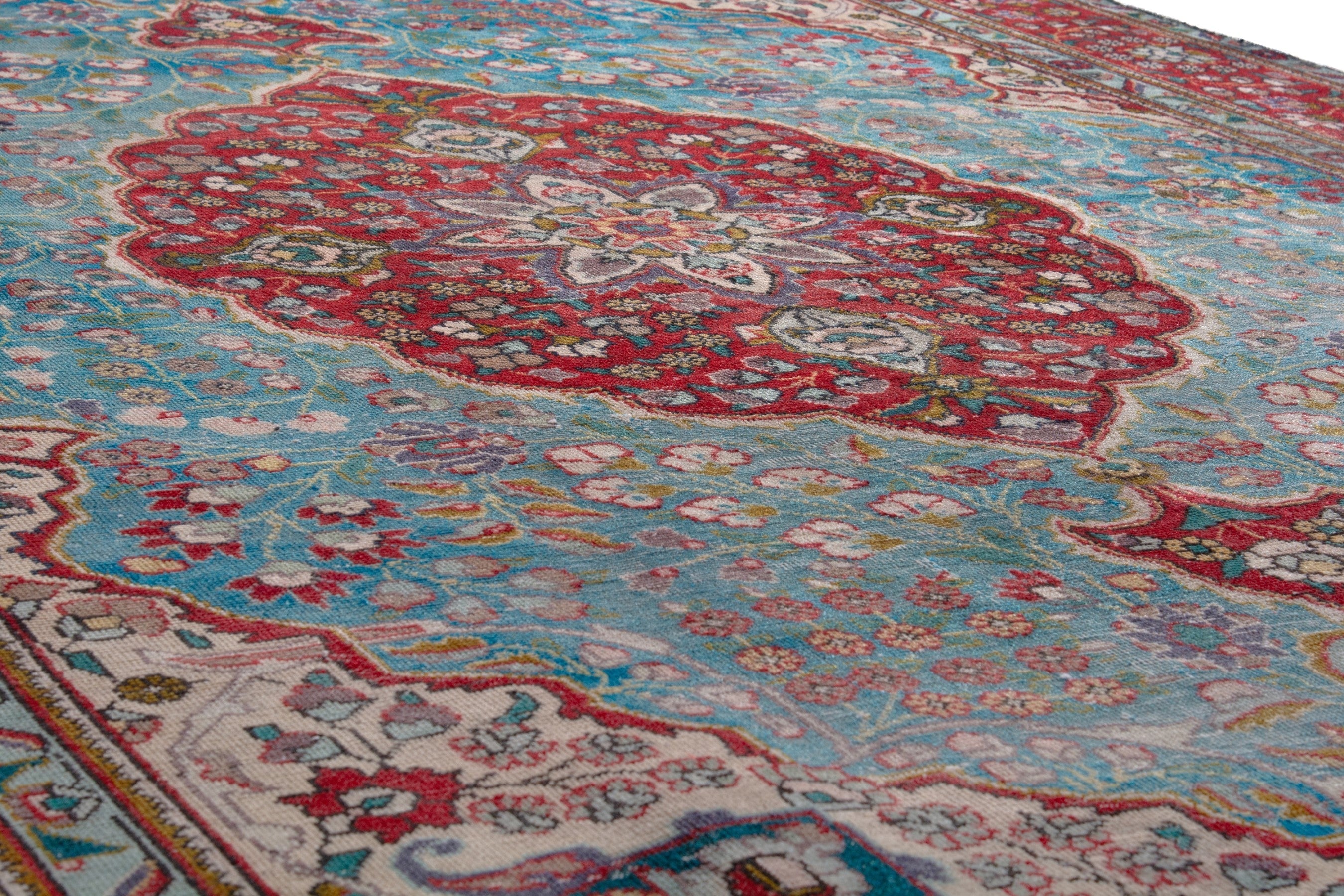 Persian Tabriz area rug in blue gray and faded red, view 10 of 22