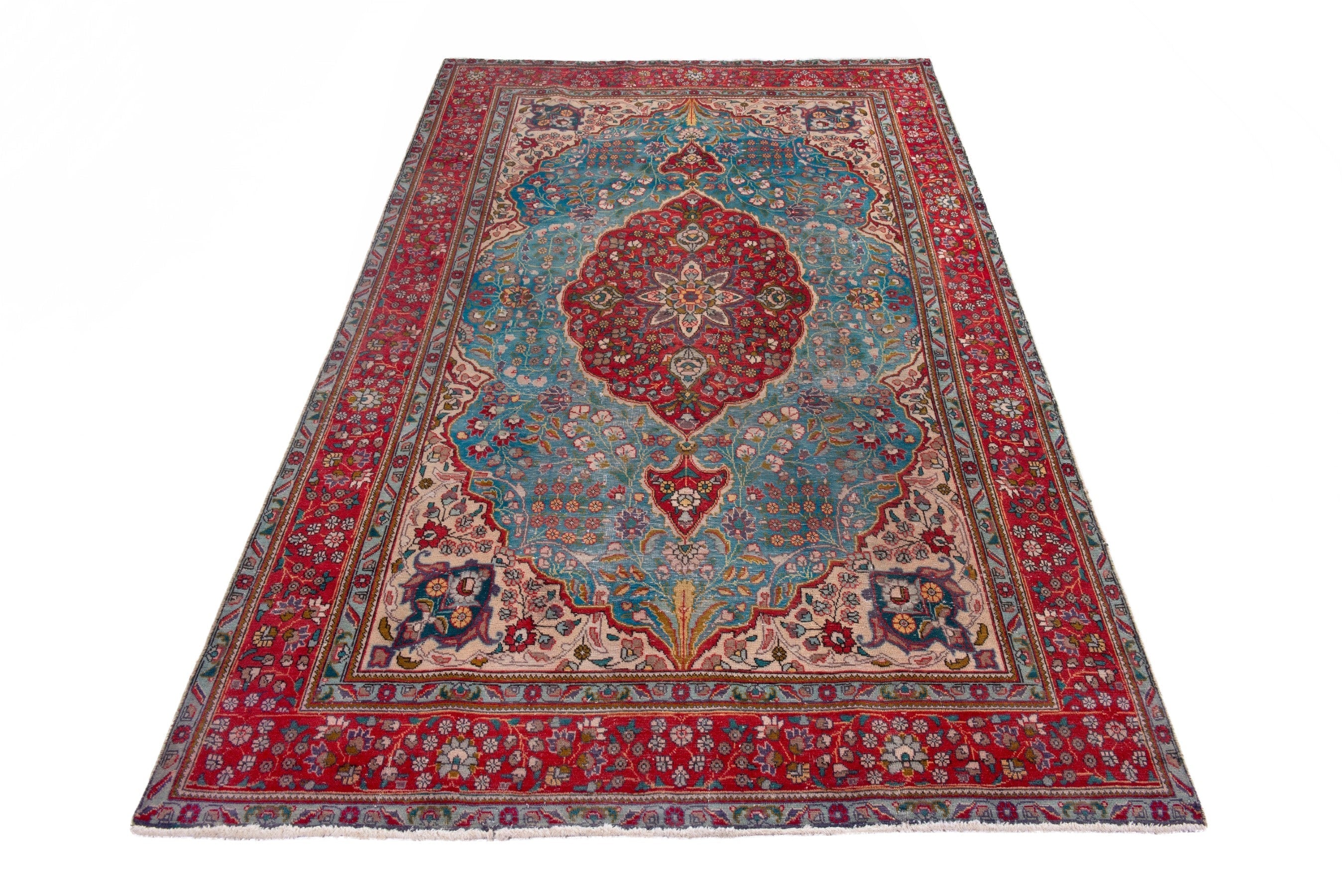 Persian Tabriz area rug in blue gray and faded red, view 3 of 22