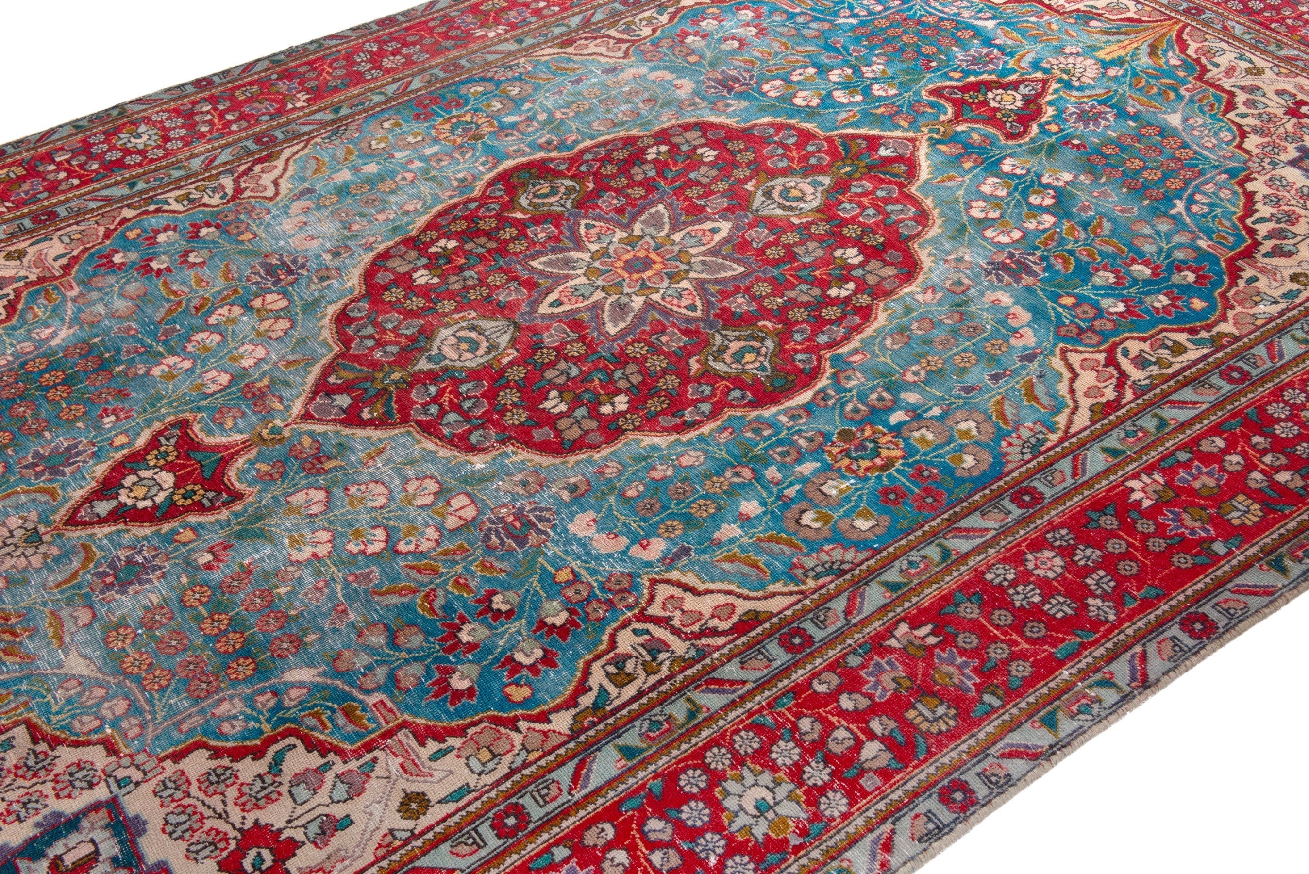 Persian Tabriz area rug in blue gray and faded red, view 6 of 22